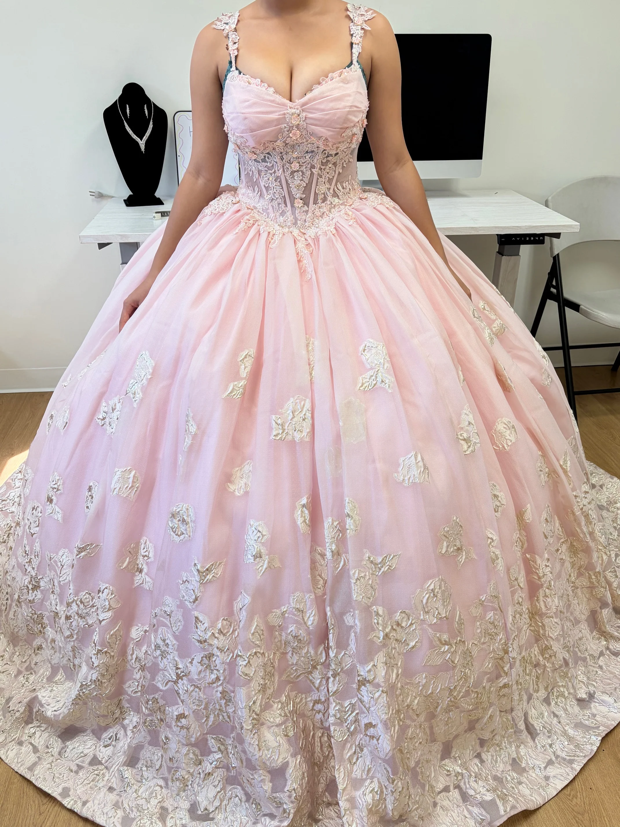 Layla K LK256 Sheer Bodice Floral Sleeveless Blush Quinceanera Gown - Image 7