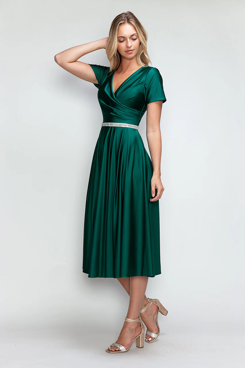 Lenovia 5274 V-Neck Short Sleeve Midi Cocktail Dress with Rhinestone Waist Formal & Wedding Guest Attire - Image 19
