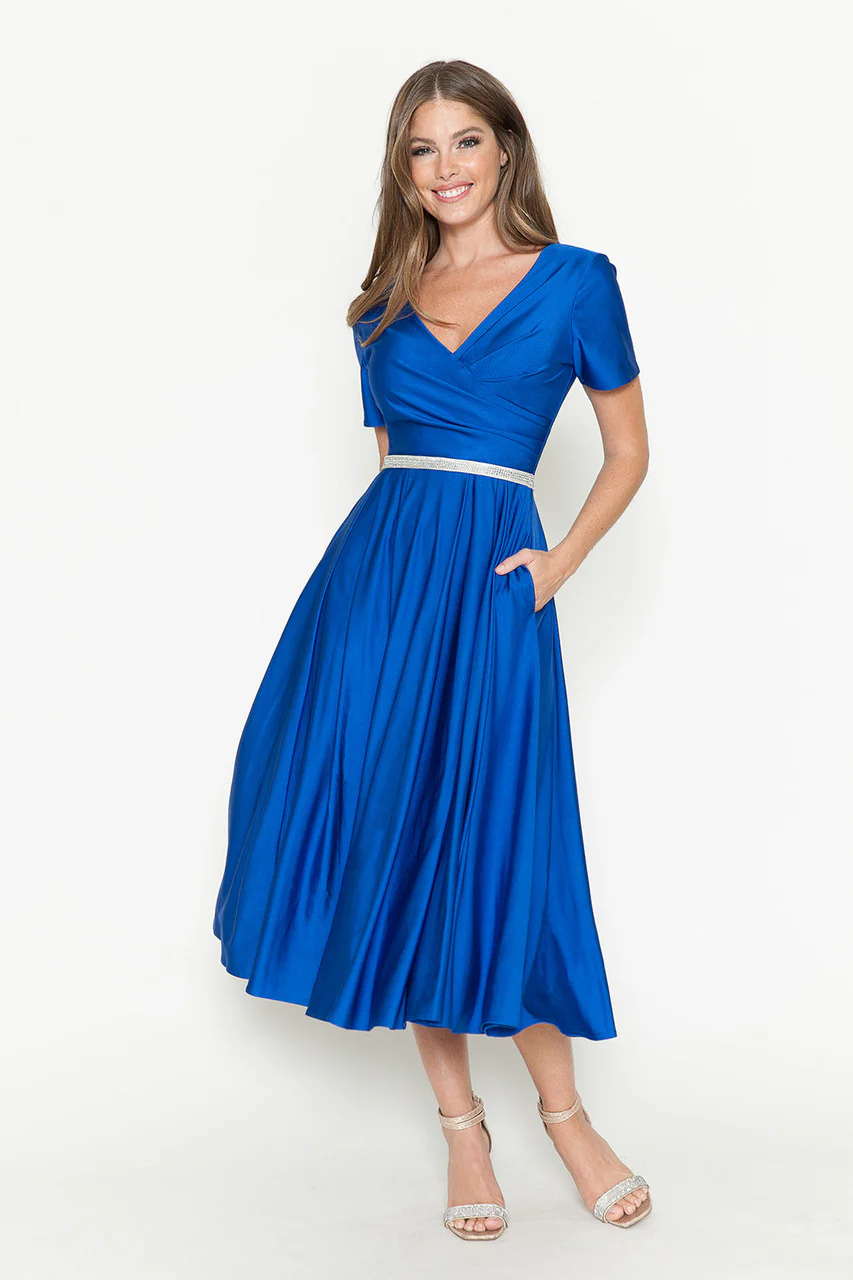 Lenovia 5274 V-Neck Short Sleeve Midi Cocktail Dress with Rhinestone Waist Formal & Wedding Guest Attire - Image 23