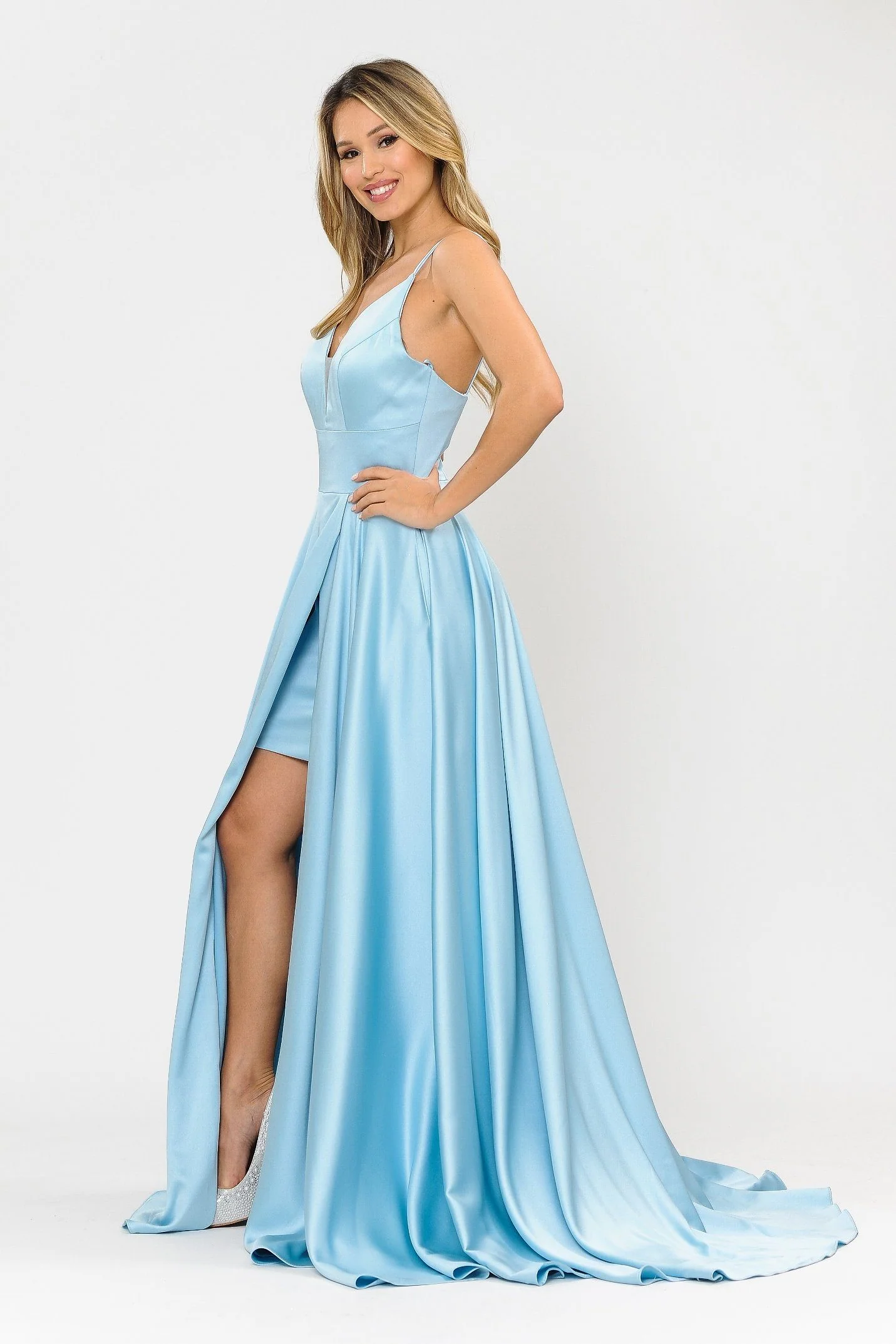 Poly USA 8606 Long A-line Satin Dress with Short Skirt - Image 3