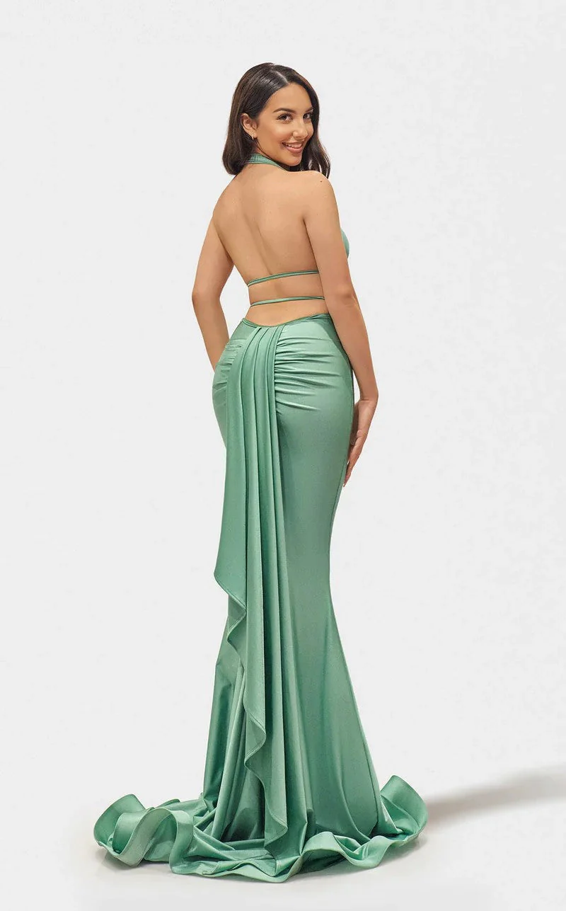 Jessica Angel JA2711 Halter Mermaid High Slit Ruched Train Prom Jersey Dress - Image 2