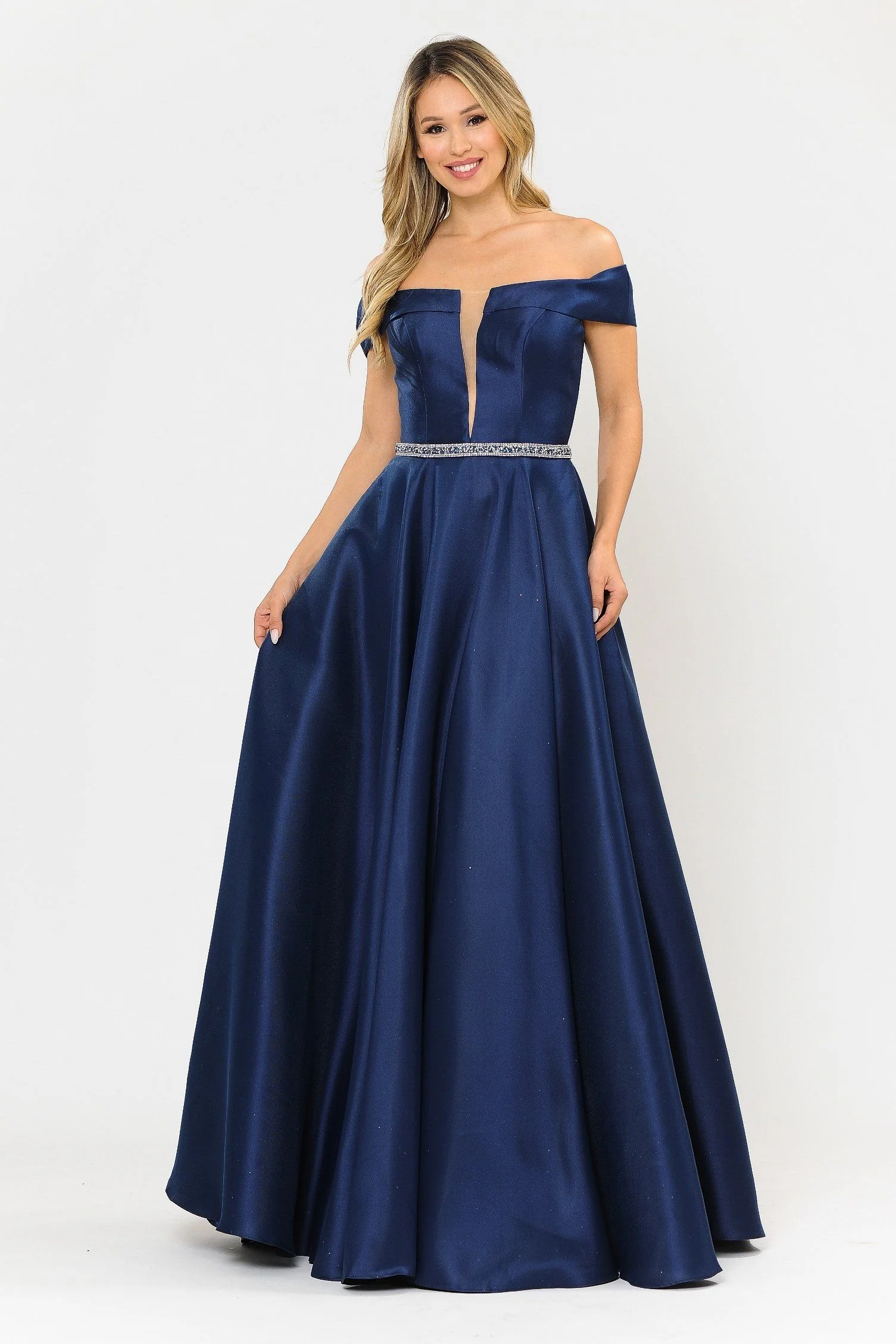 Poly USA 8680 Long Off Shoulder Illusion V-Neck Dress