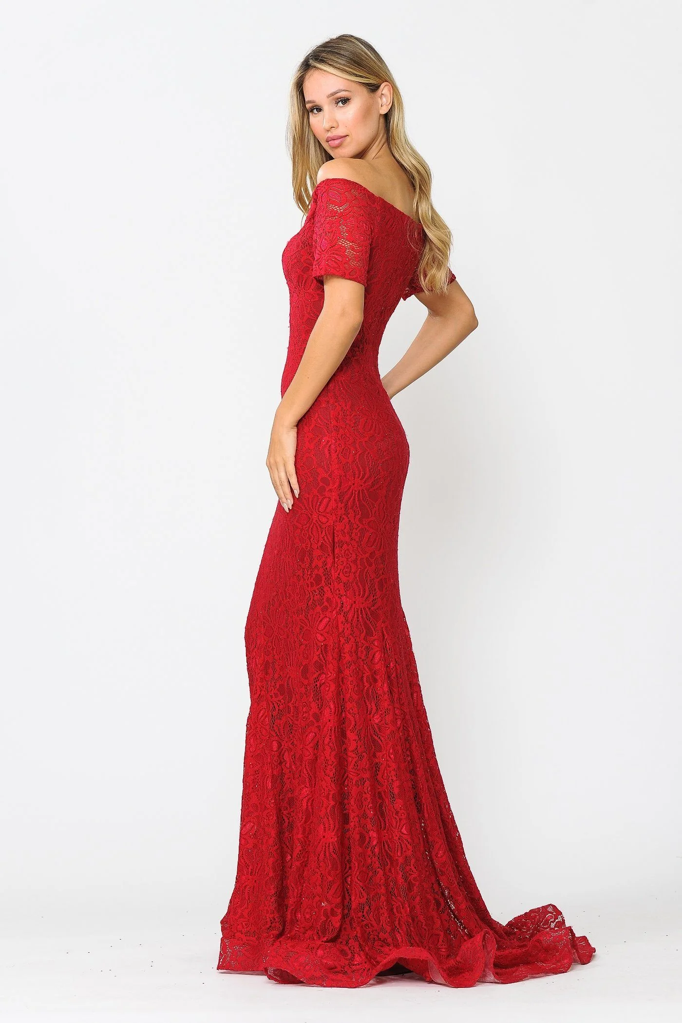 Poly USA 8596 Long Off Shoulder Lace Mermaid Dress - Image 7