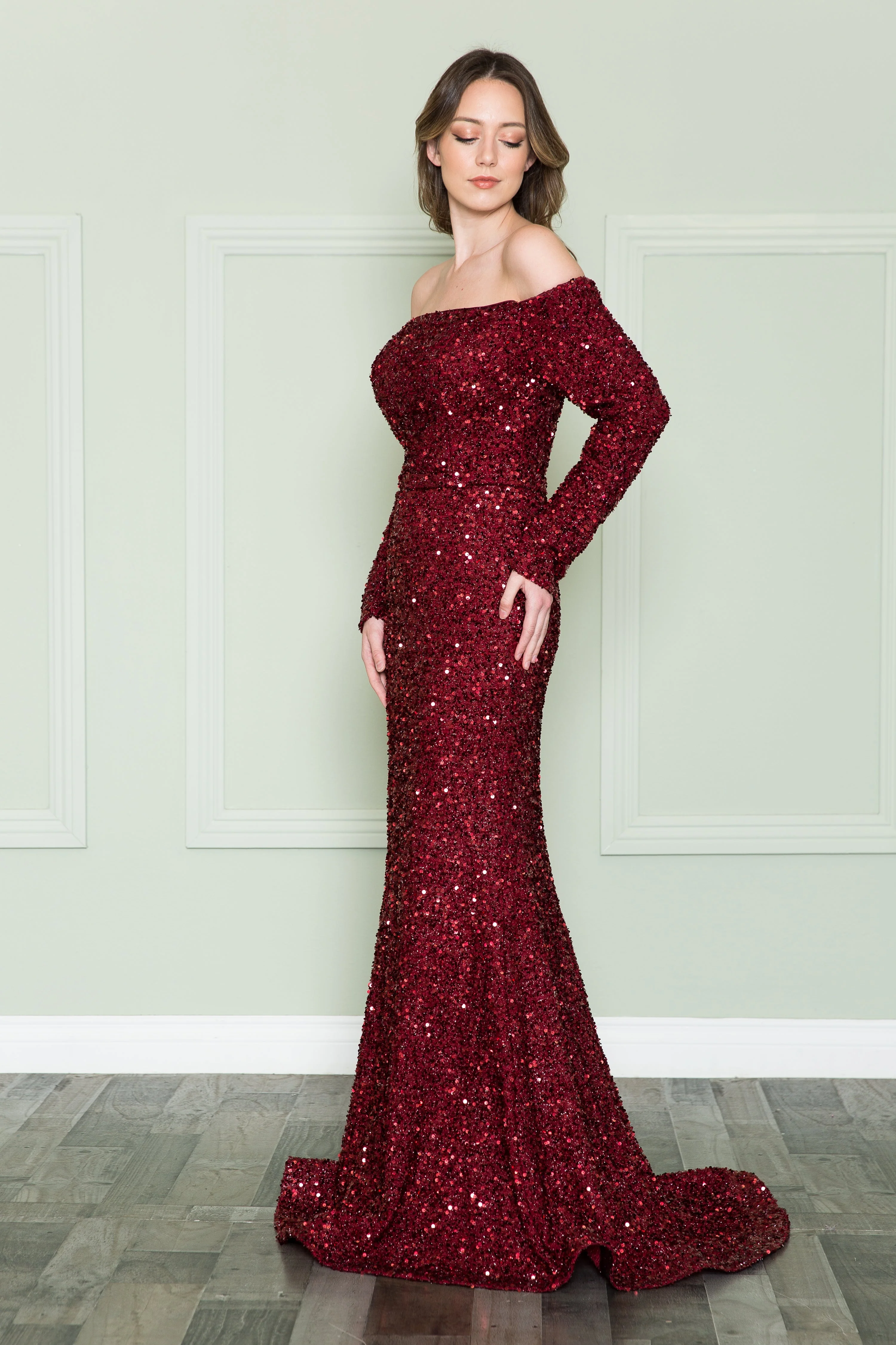 Poly USA 8876 Long Off Shoulder Sequin Dress - Image 4