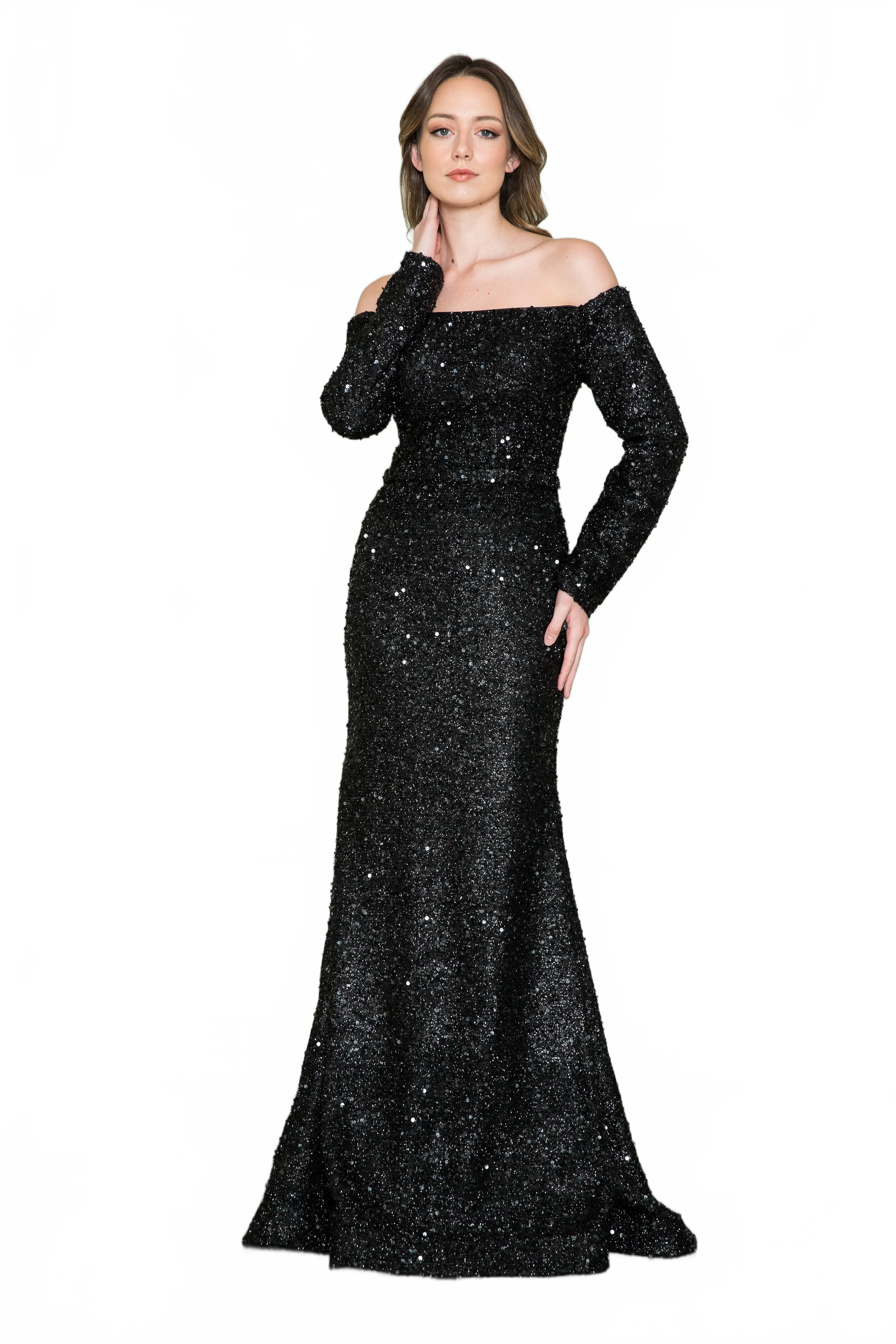 Poly USA 8876 Long Off Shoulder Sequin Dress - Image 7