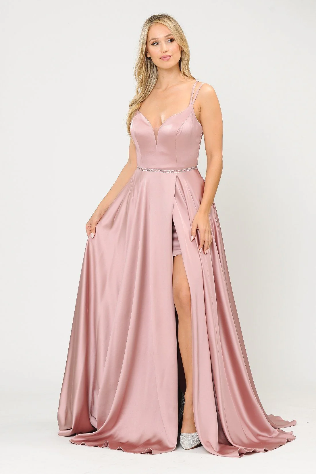 Poly USA 8654 Long Satin V-Neck Dress with Corset Back - Image 8