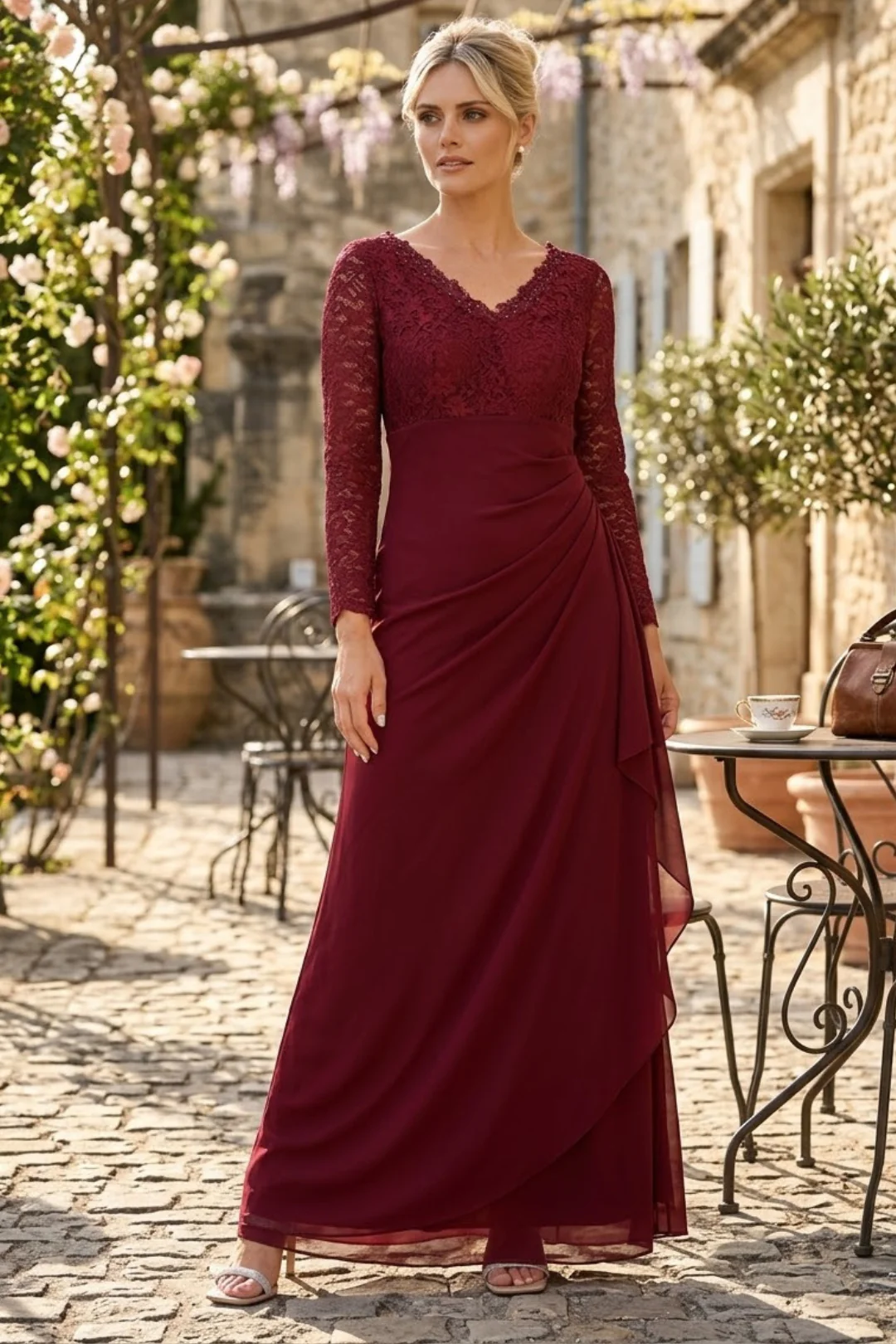 V-Neck Long Lace Gown Mother of the Groom Dress - Image 3