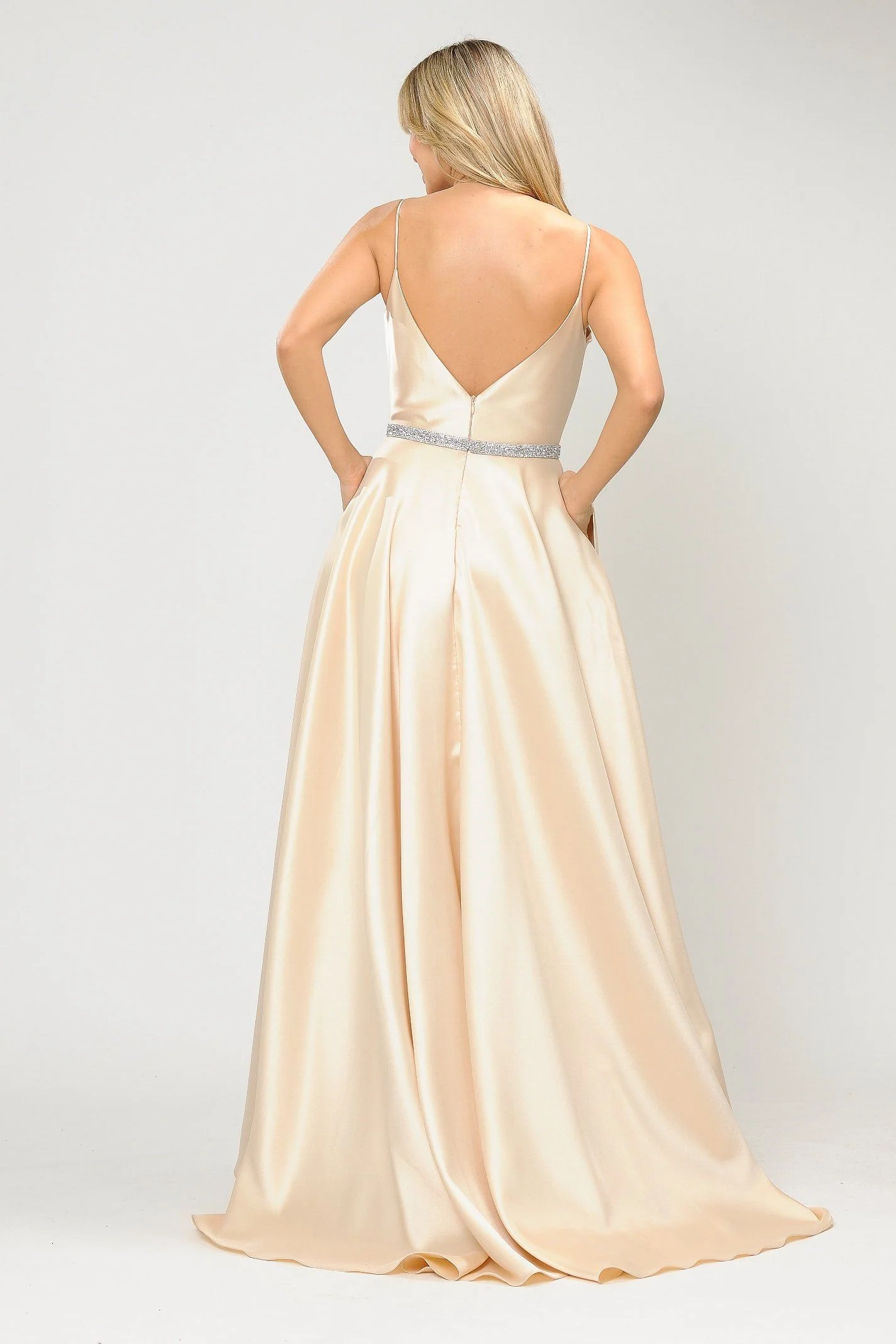 Poly USA 8672 Long Spaghetti Strap Dress with Deep Neckline - Image 2