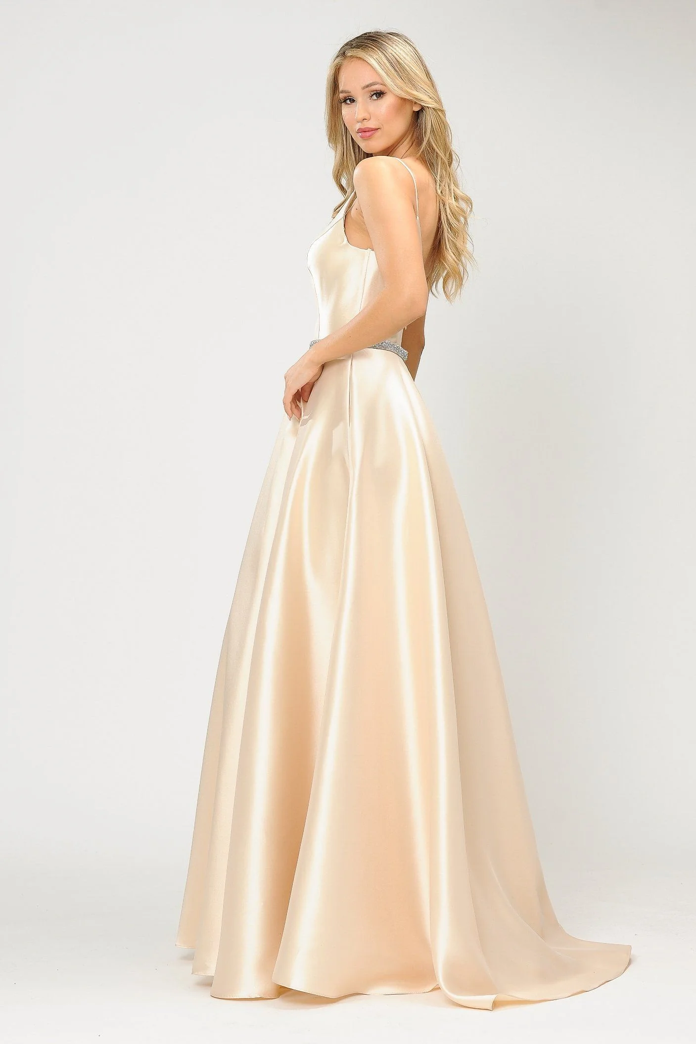 Poly USA 8672 Long Spaghetti Strap Dress with Deep Neckline - Image 3