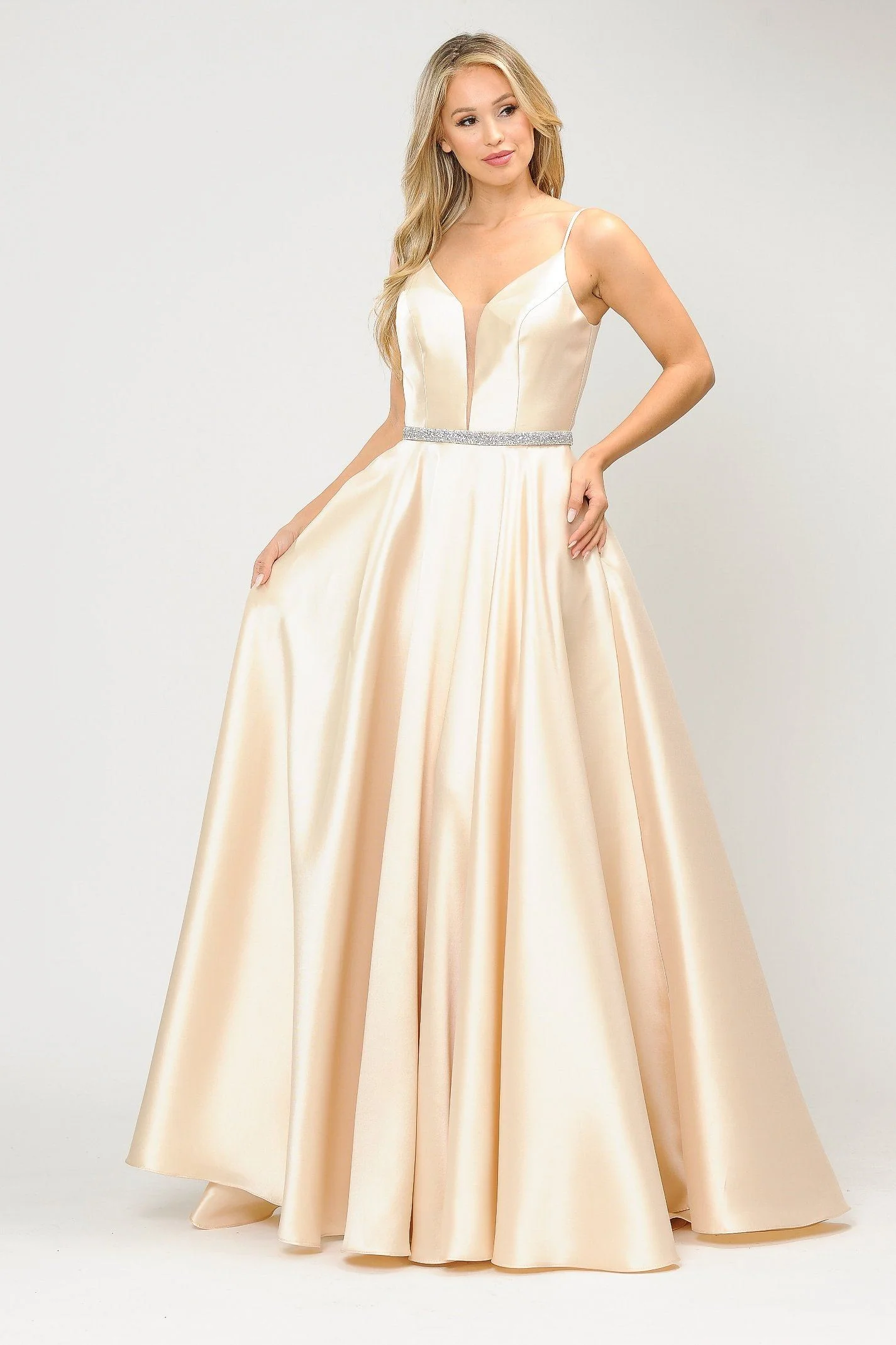 Poly USA 8672 Long Spaghetti Strap Dress with Deep Neckline - Image 4