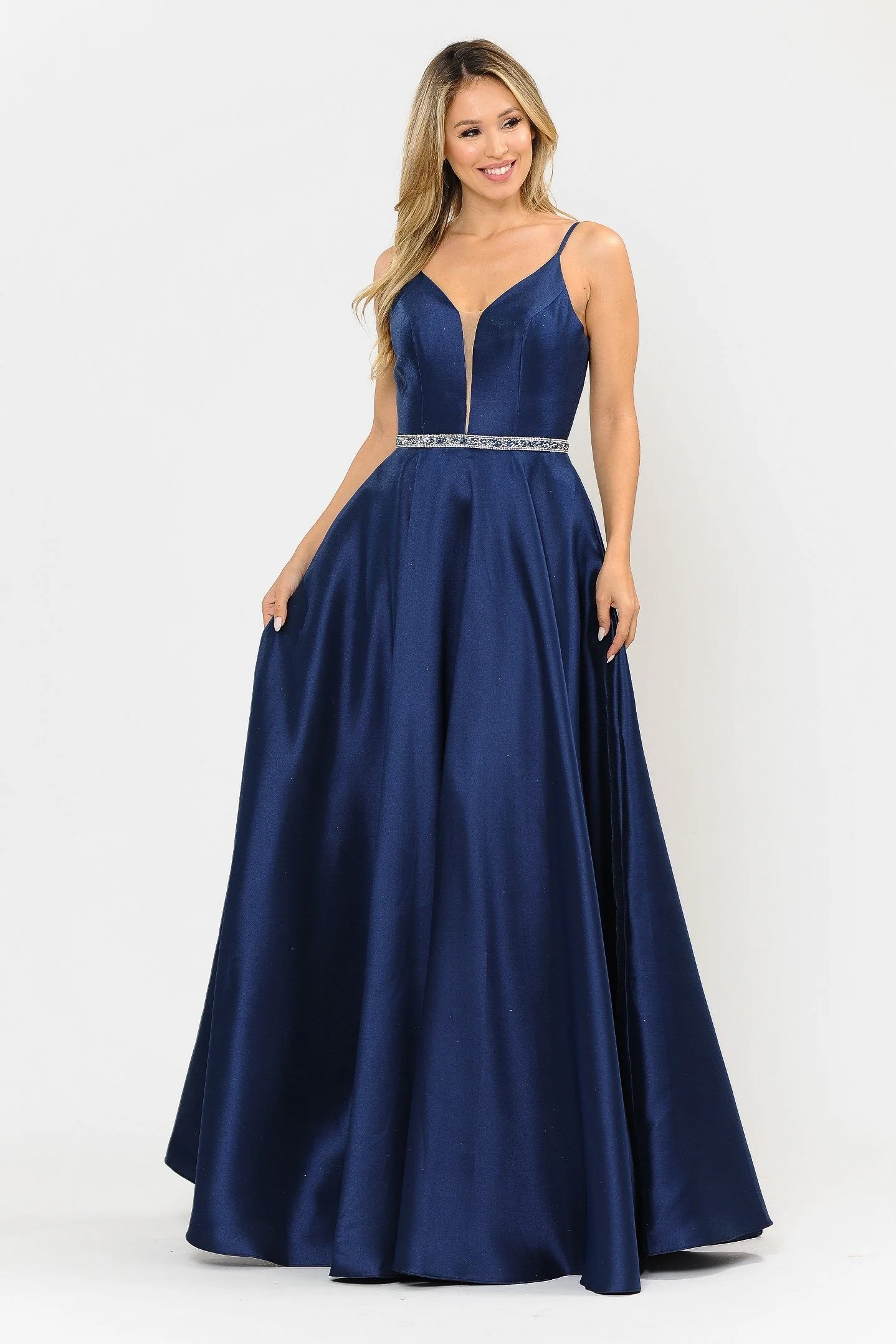 Poly USA 8672 Long Spaghetti Strap Dress with Deep Neckline - Image 5