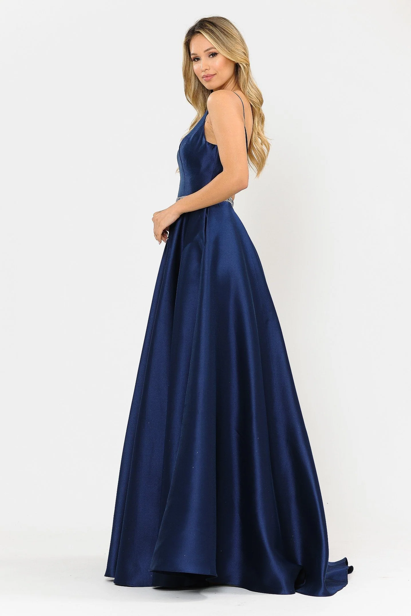 Poly USA 8672 Long Spaghetti Strap Dress with Deep Neckline - Image 7