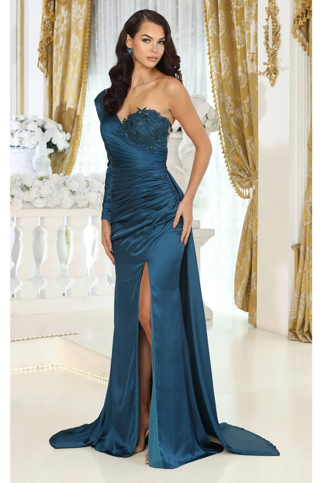May Queen MQ1985 Satin Strappy Back One Sleeve Prom Evening Gown - Image 3