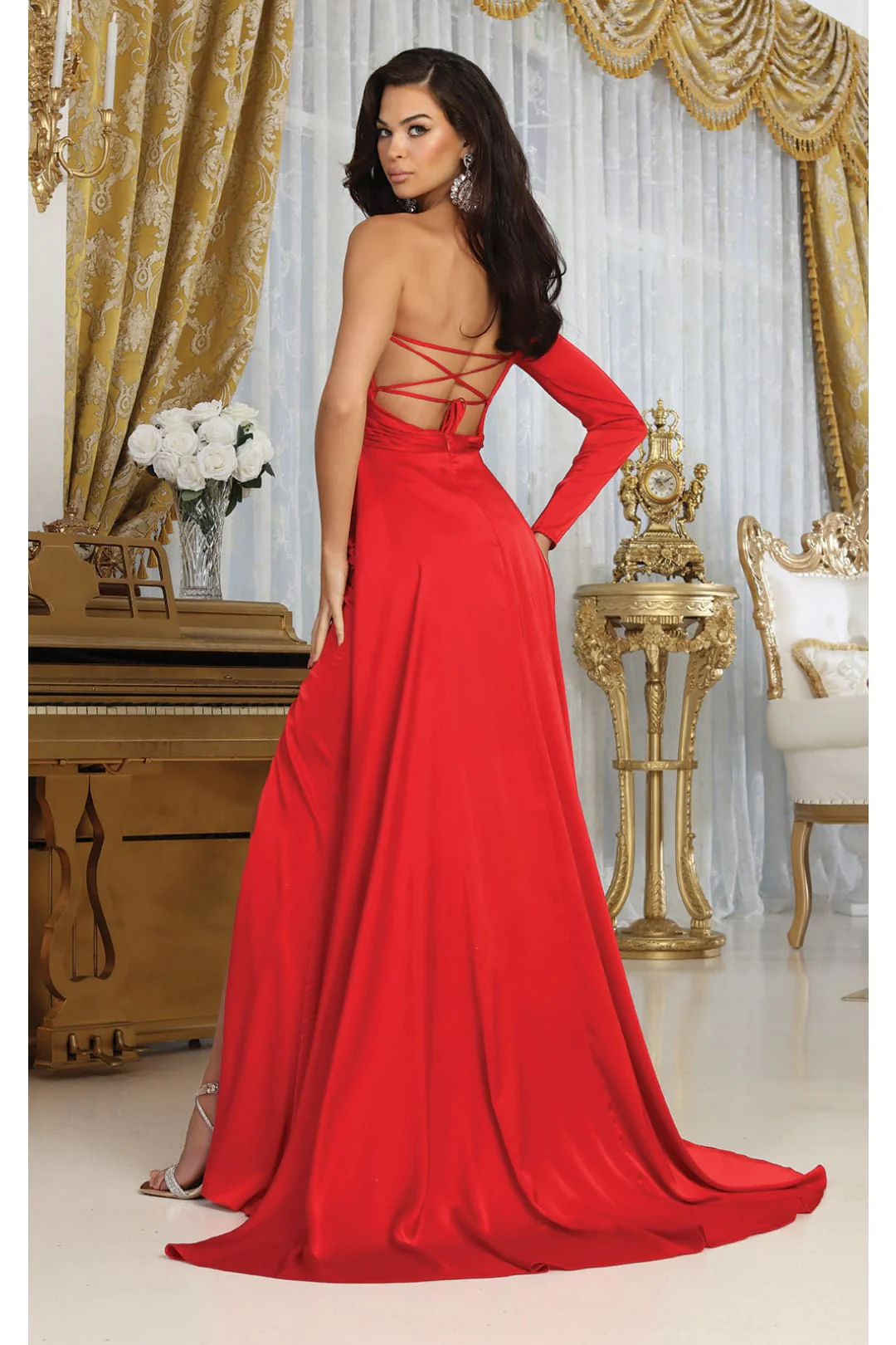 May Queen MQ1985 Satin Strappy Back One Sleeve Prom Evening Gown - Image 4