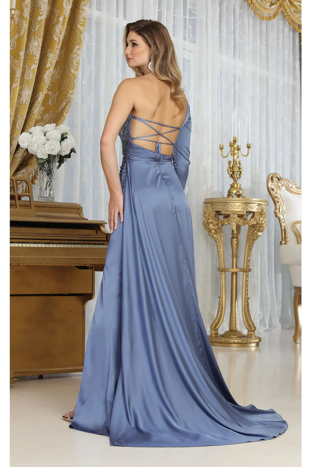 May Queen MQ1985 Satin Strappy Back One Sleeve Prom Evening Gown - Image 6