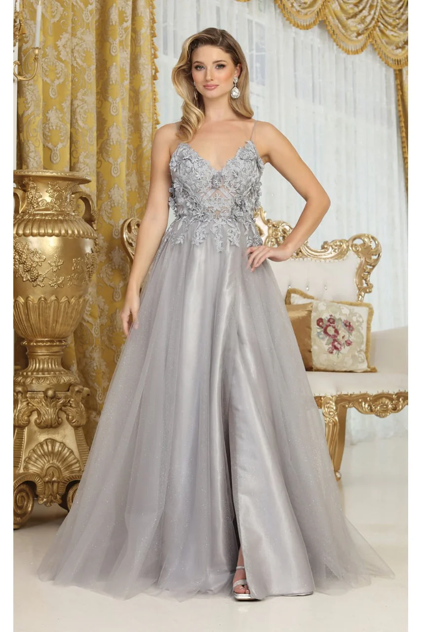 May Queen MQ2011 Spaghetti Strap Floral Embellished Tulle Evening Gown - Image 6