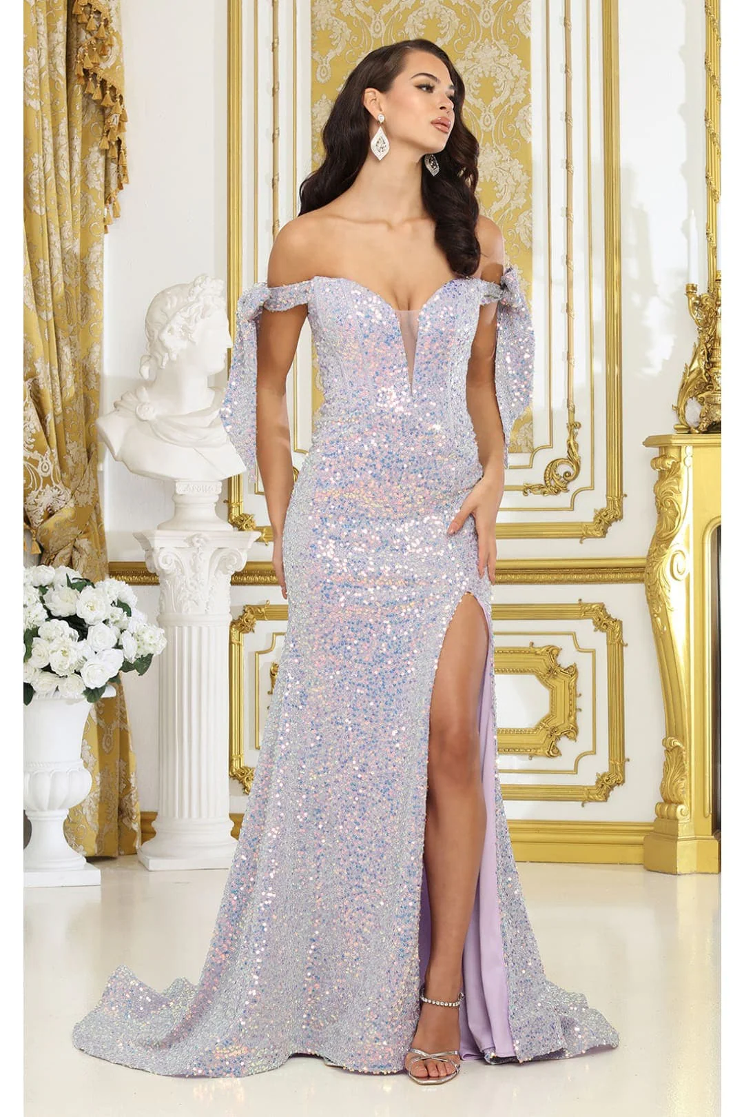 May Queen MQ2023 Bow Off Shoulder Sequin Long Lilac Prom Evening Gown - Image 6