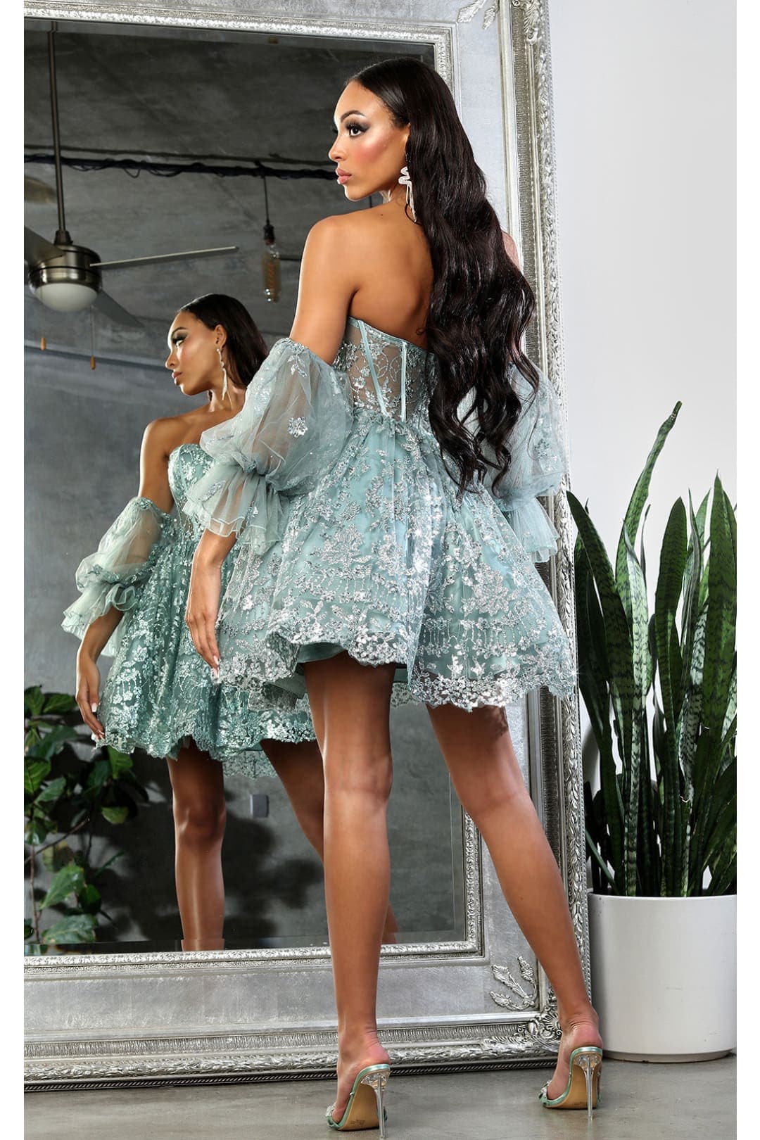May Queen MQ2041 Detachable Sleeves Sweetheart Glitter Cocktail Dress - Image 4