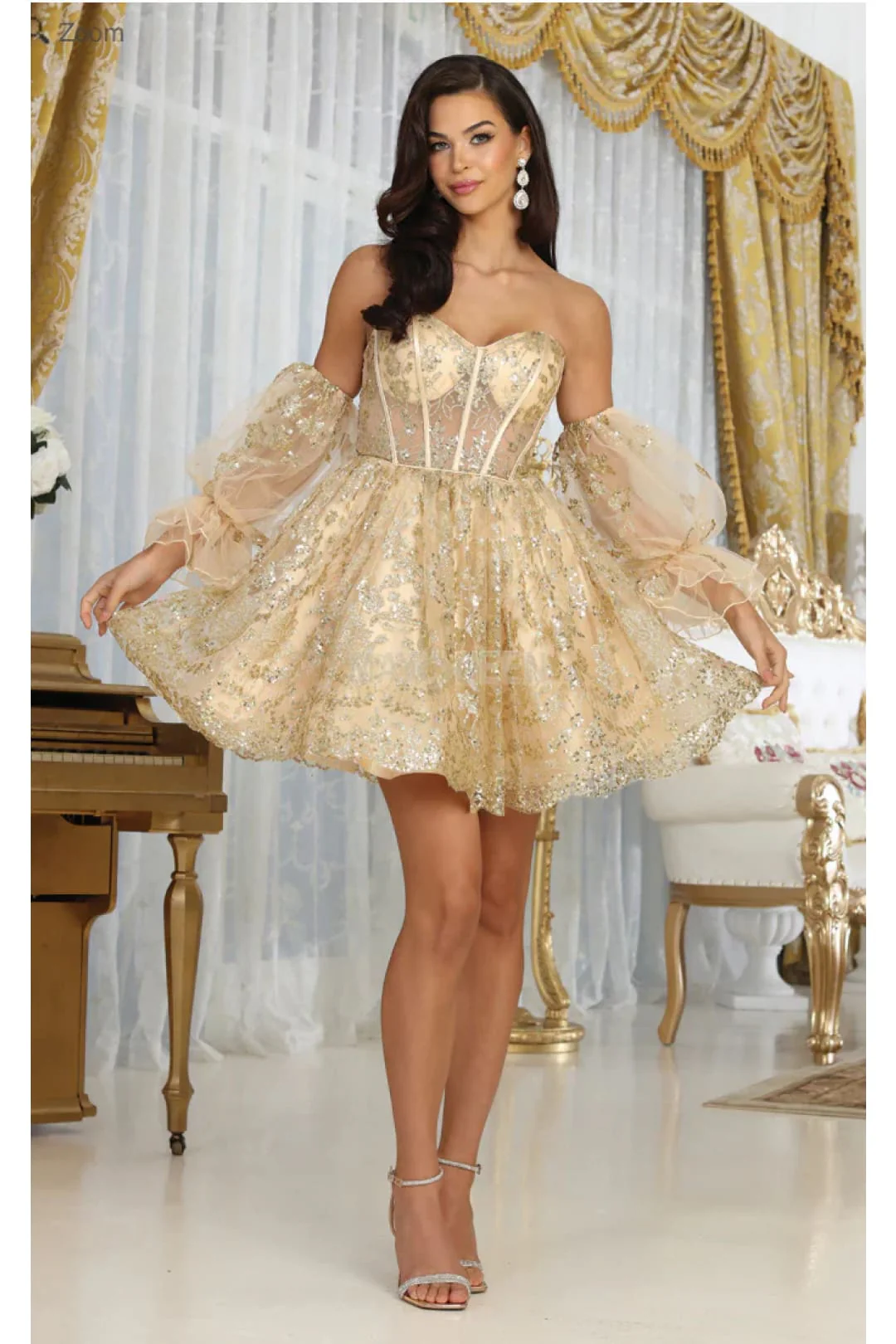May Queen MQ2041 Detachable Sleeves Sweetheart Glitter Cocktail Dress - Image 8