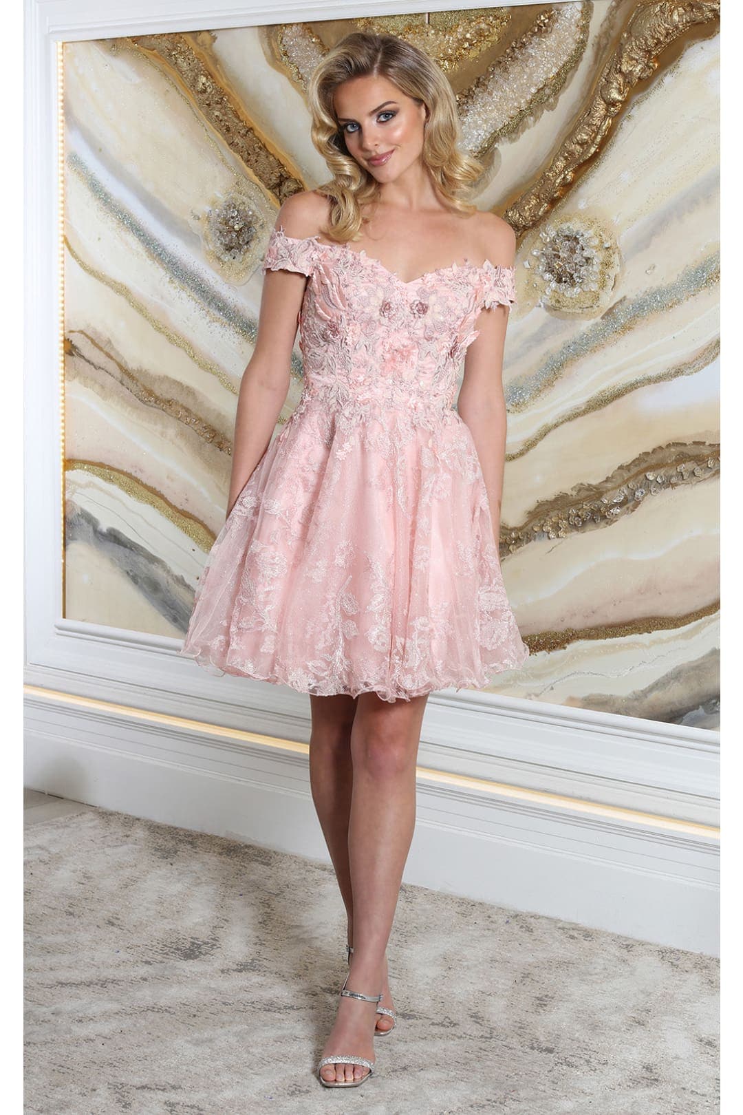 May Queen MQ2042 Floral A-line Off Shoulder Bridesmaids Short Dress - Image 3