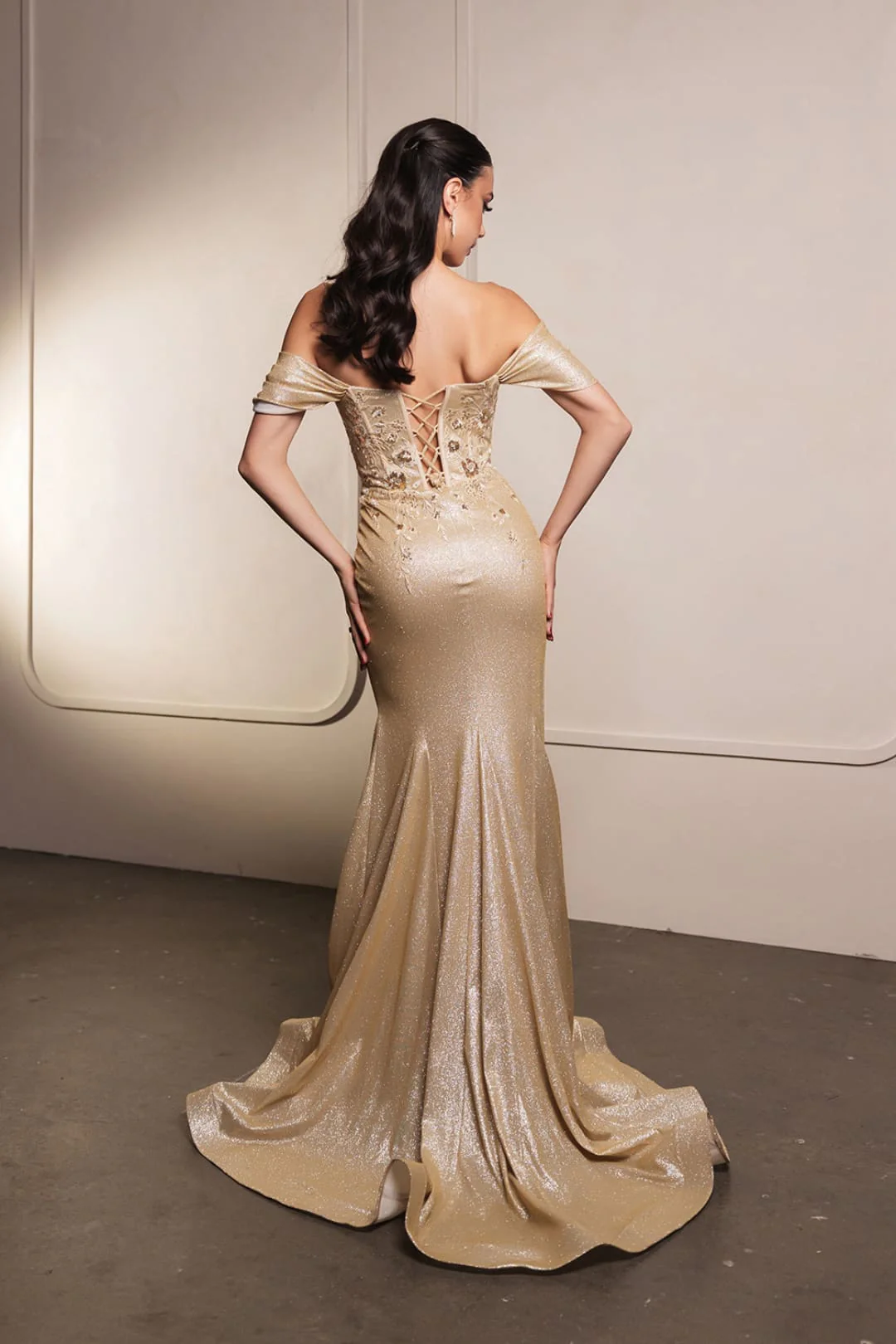 May Queen MQ2104 Draped Sleeves Corset Glitter Red Carpet Gown - Image 10