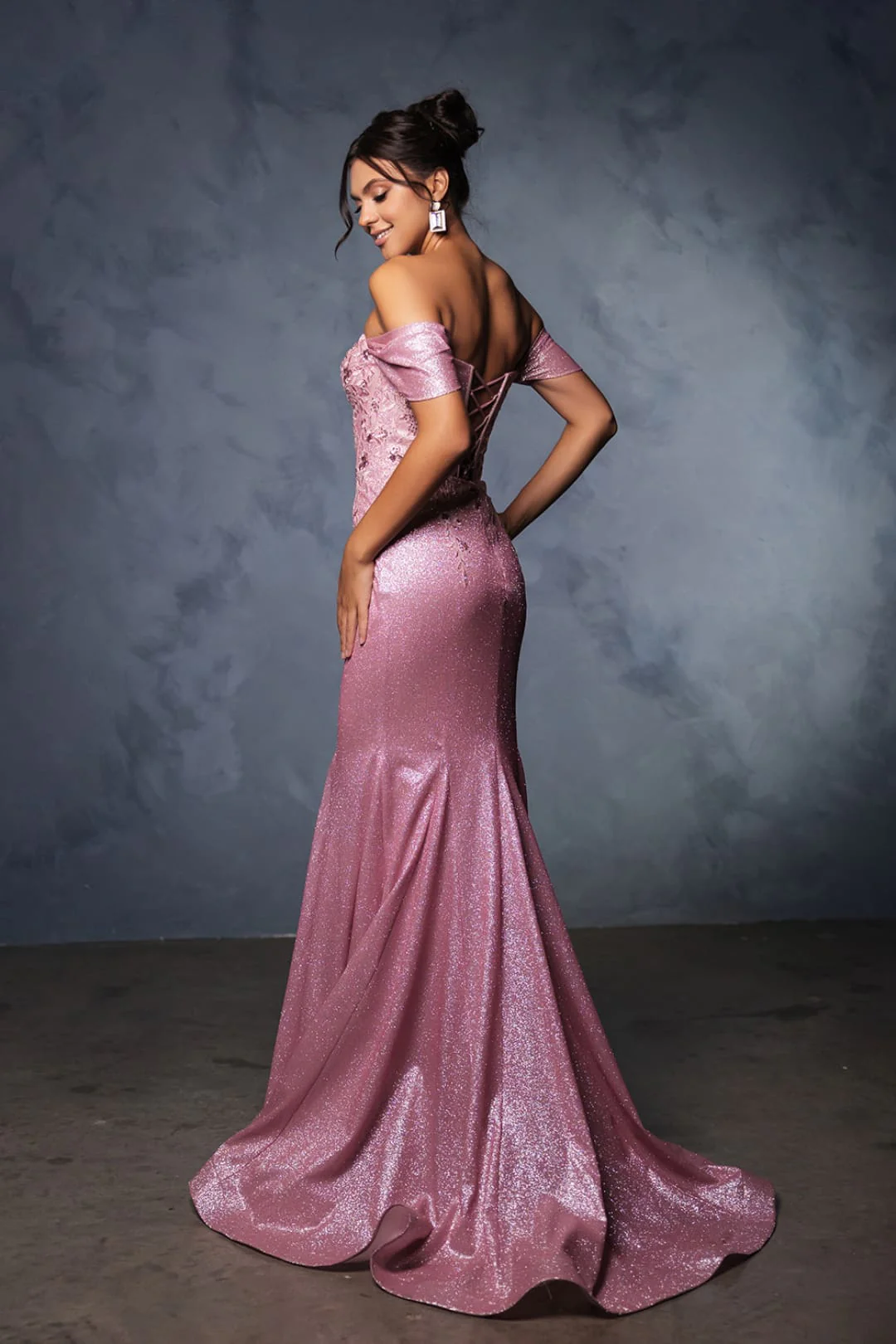 May Queen MQ2104 Draped Sleeves Corset Glitter Red Carpet Gown - Image 2