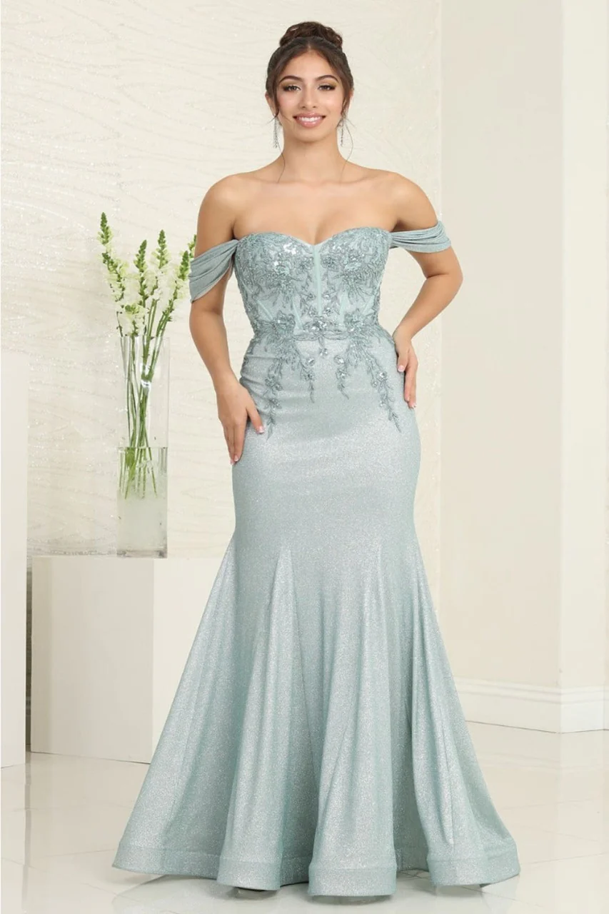 May Queen MQ2104 Draped Sleeves Corset Glitter Red Carpet Gown - Image 3