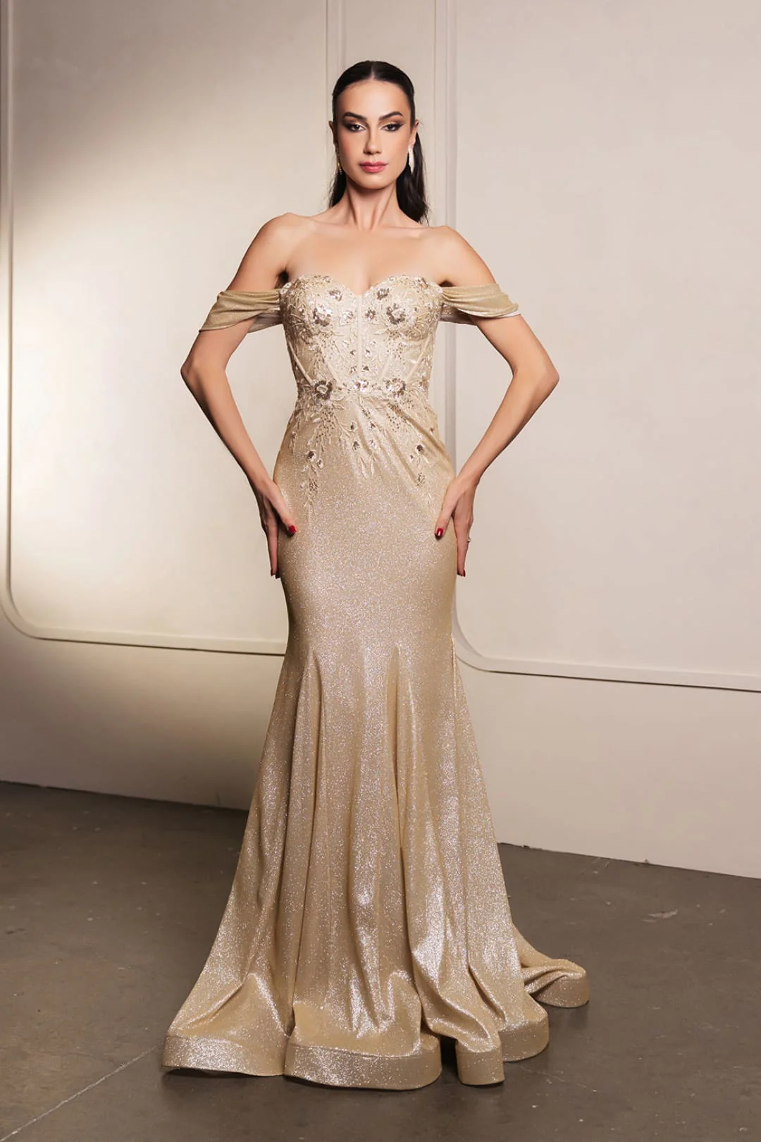 May Queen MQ2104 Draped Sleeves Corset Glitter Red Carpet Gown - Image 9