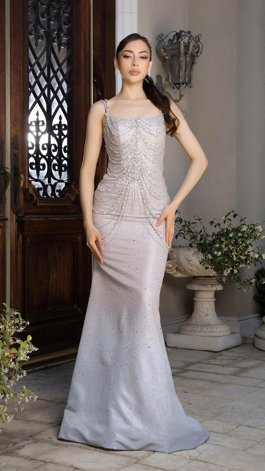 Sterling Silver Mermaid Gown with Draped Crystal Chains Ideal for Prom & Formal Event by Royal Queen RQ8220