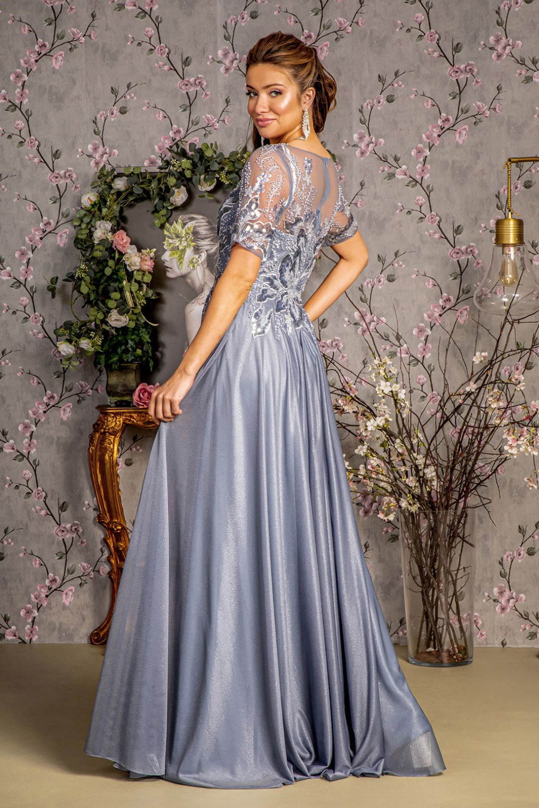 Metallic Applique Short Sleeve A-line Gown by GLS Gloria GL3444-New Collection - Image 2