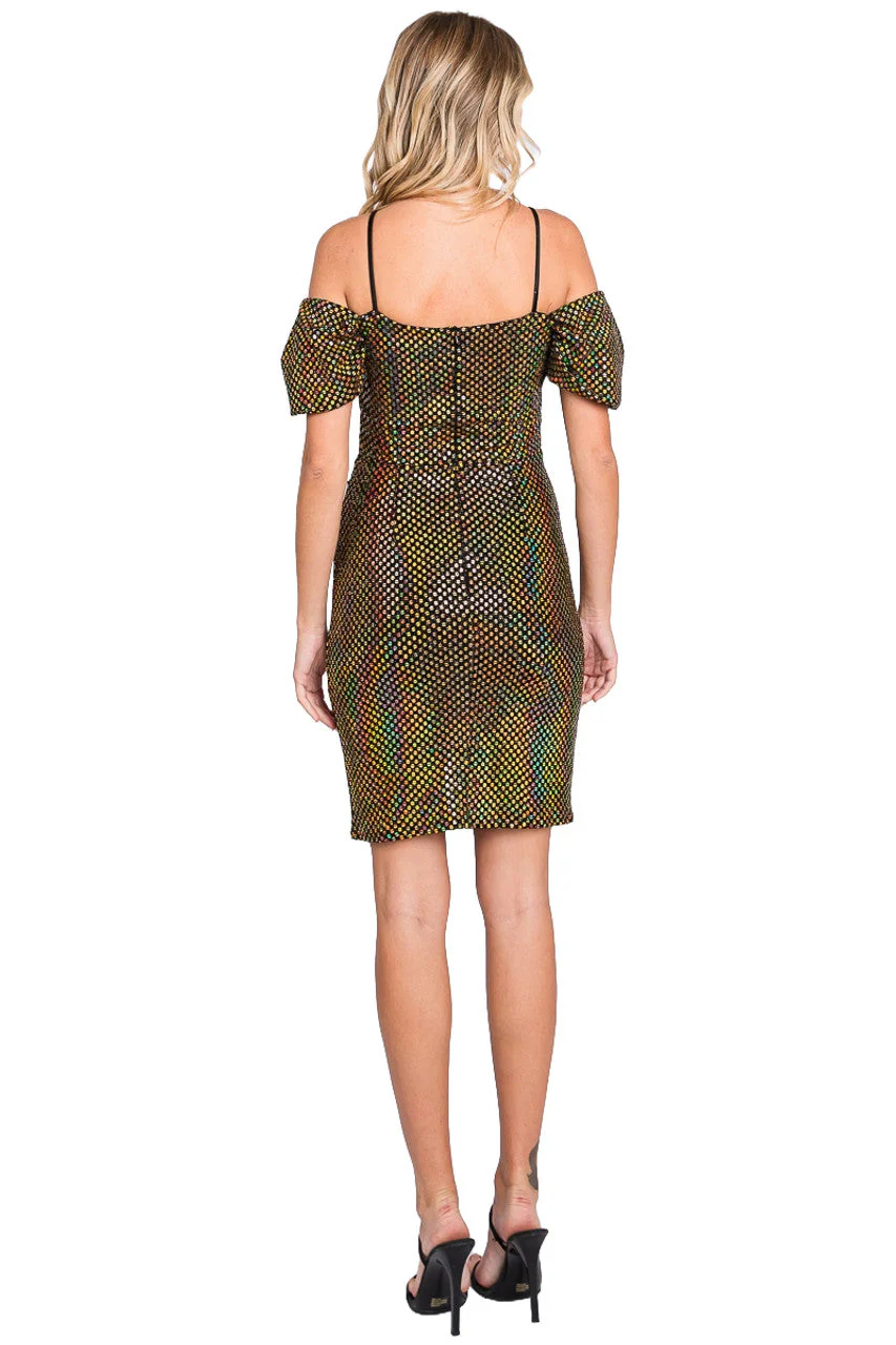 Lenovia 3074 Off Shoulder Metallic Nylon Fitted Puff Sleeve Dress - Image 6