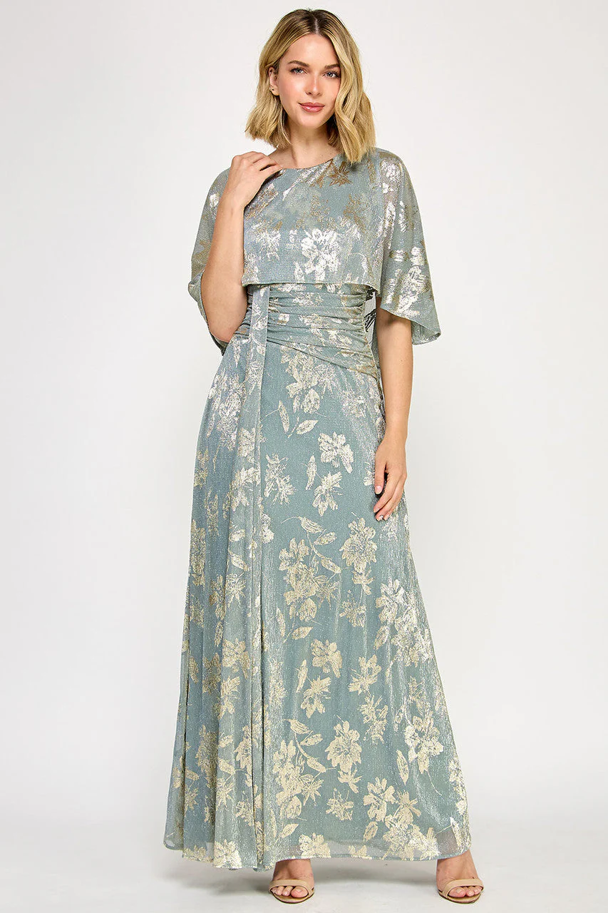 Lenovia 5330 Metallic Floral Foil Poncho Cape Bonded Dress with Fitted Skirt