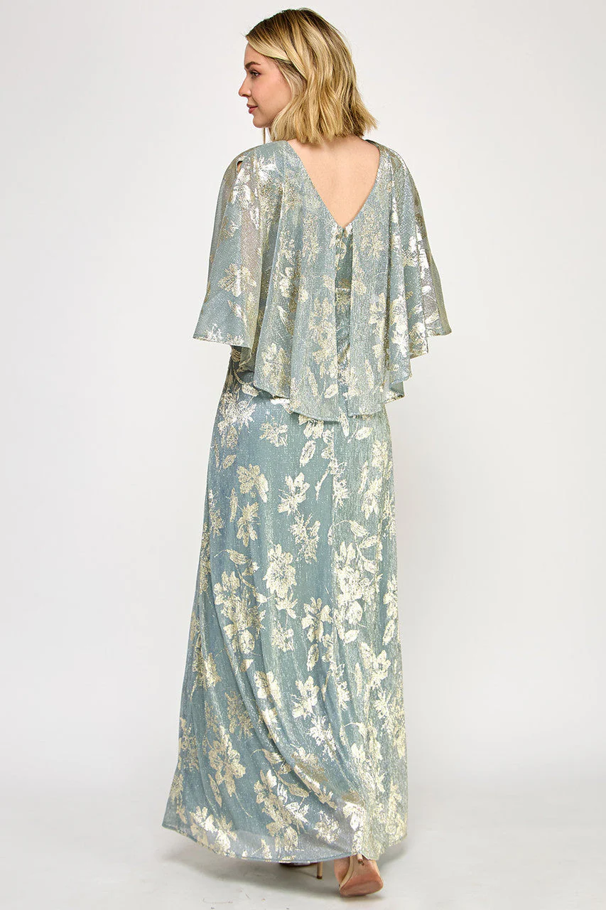 Lenovia 5330 Metallic Floral Foil Poncho Cape Bonded Dress with Fitted Skirt - Image 2
