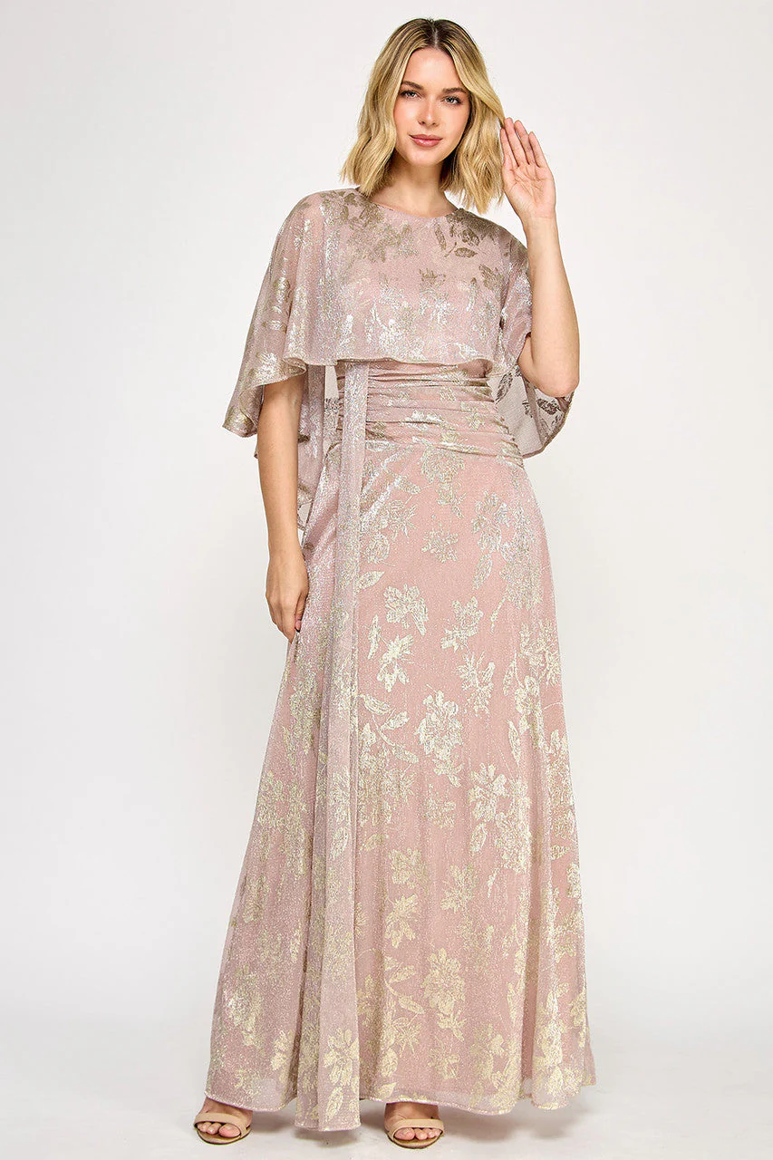 Lenovia 5330 Metallic Floral Foil Poncho Cape Bonded Dress with Fitted Skirt - Image 3
