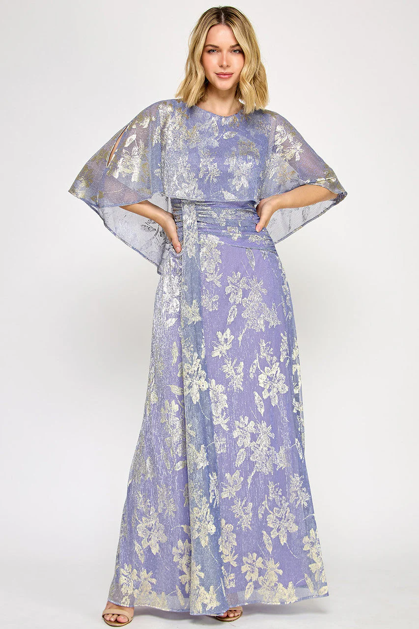 Lenovia 5330 Metallic Floral Foil Poncho Cape Bonded Dress with Fitted Skirt - Image 4