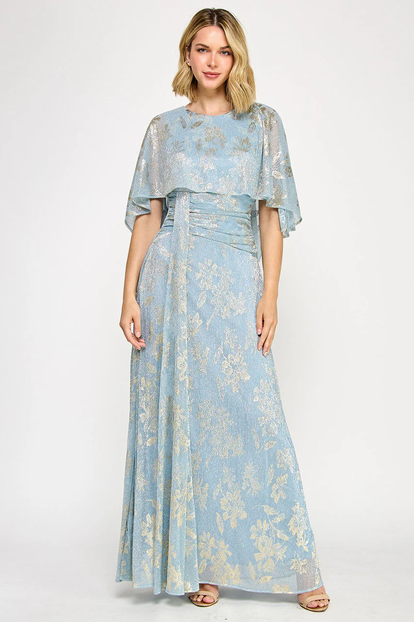 Lenovia 5330 Metallic Floral Foil Poncho Cape Bonded Dress with Fitted Skirt - Image 5