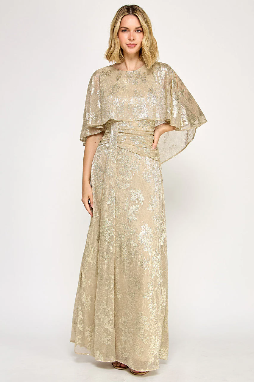Lenovia 5330 Metallic Floral Foil Poncho Cape Bonded Dress with Fitted Skirt - Image 6