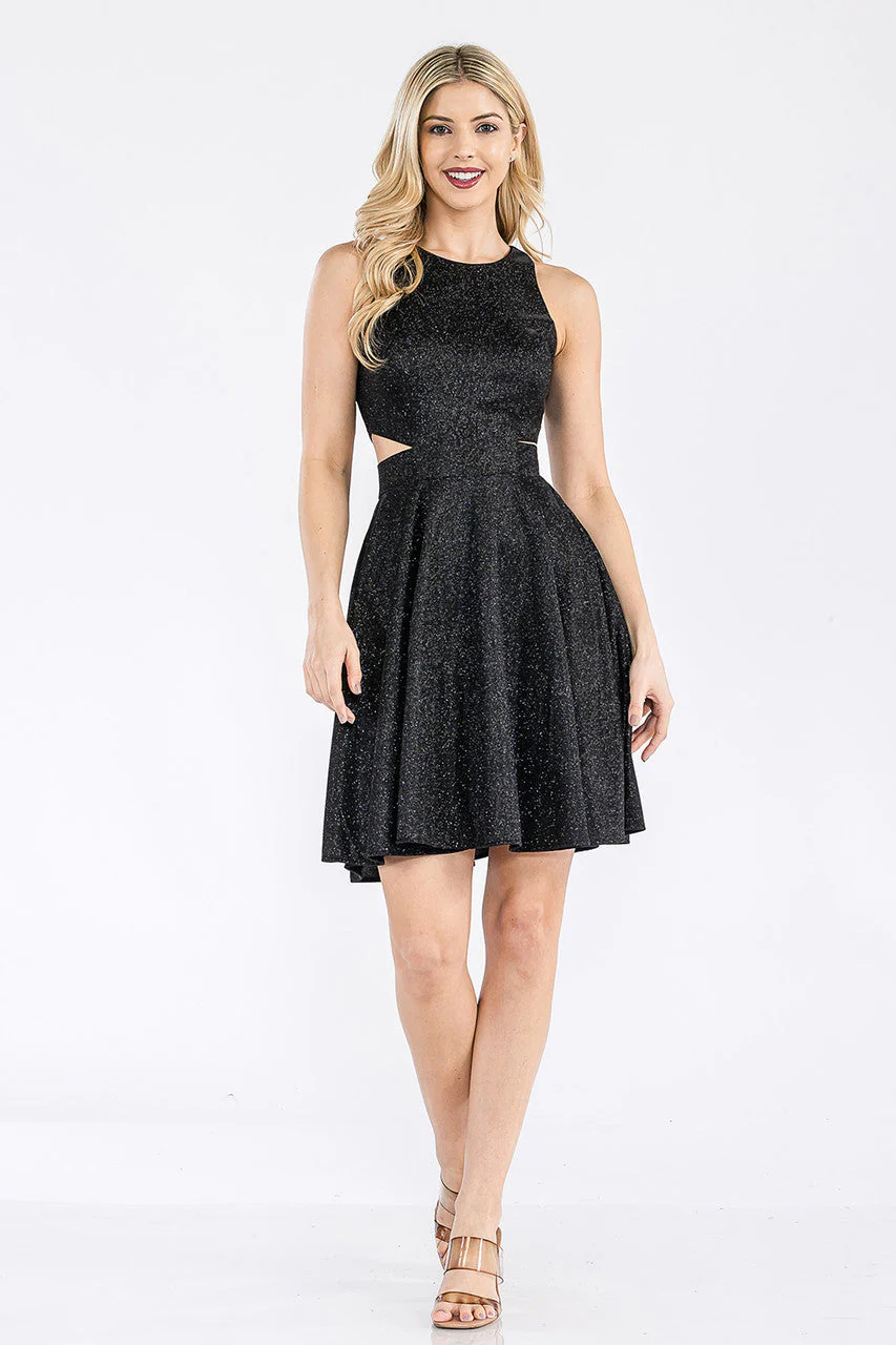 Lenovia 3063 Short Metallic Glitter Halter A-line Dress with Pockets - Image 3
