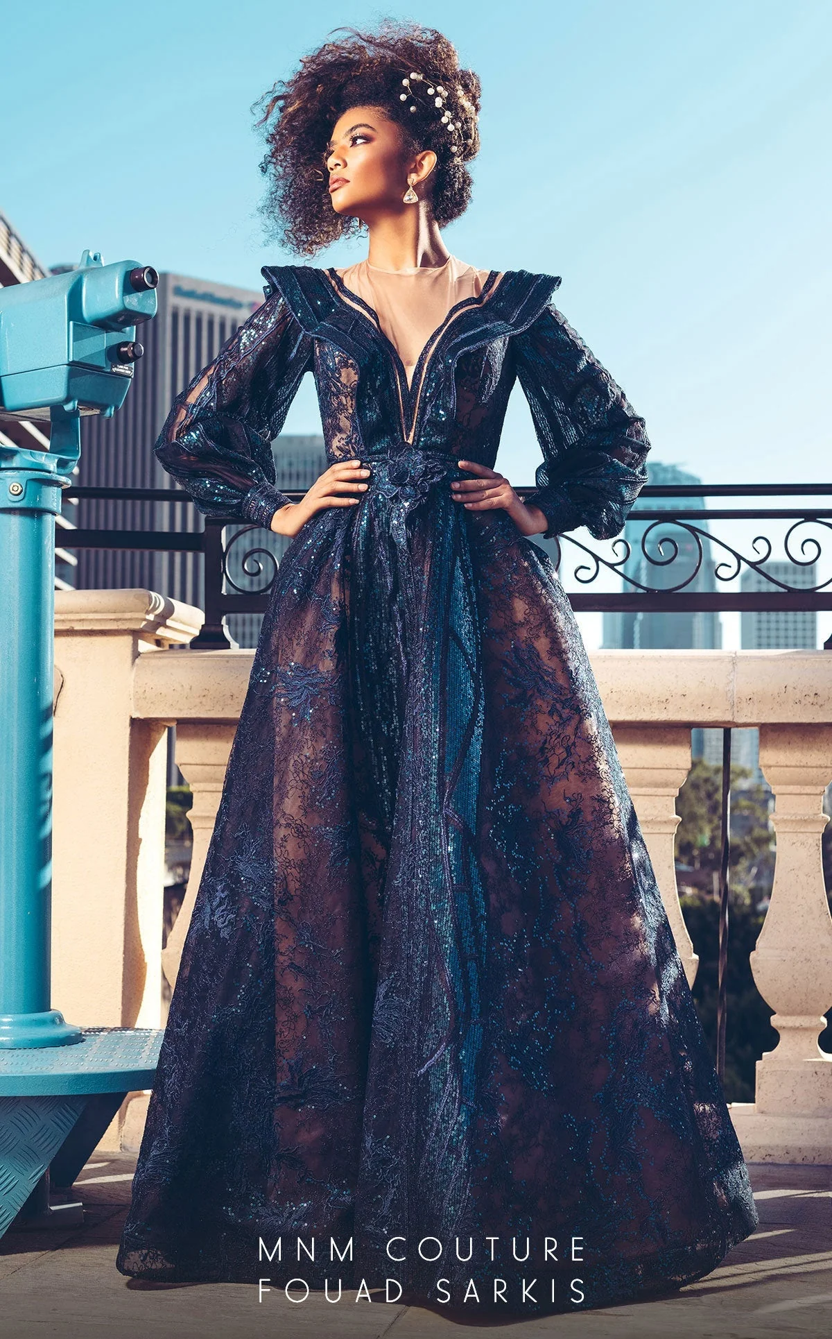 MNM Couture 2522 Navy Blue Sequin Ball Gown with Sheer Sleeves