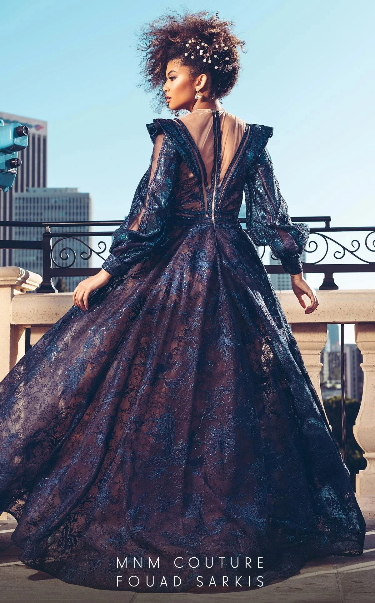 MNM Couture 2522 Navy Blue Sequin Ball Gown with Sheer Sleeves - Image 2