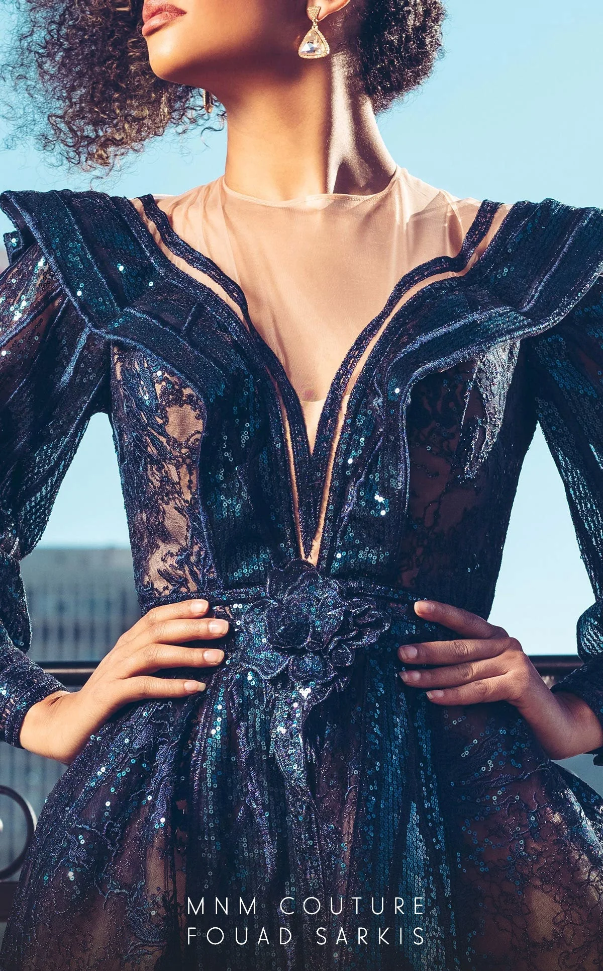 MNM Couture 2522 Navy Blue Sequin Ball Gown with Sheer Sleeves - Image 3