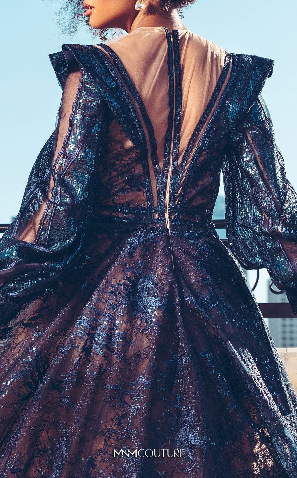 MNM Couture 2522 Navy Blue Sequin Ball Gown with Sheer Sleeves - Image 4