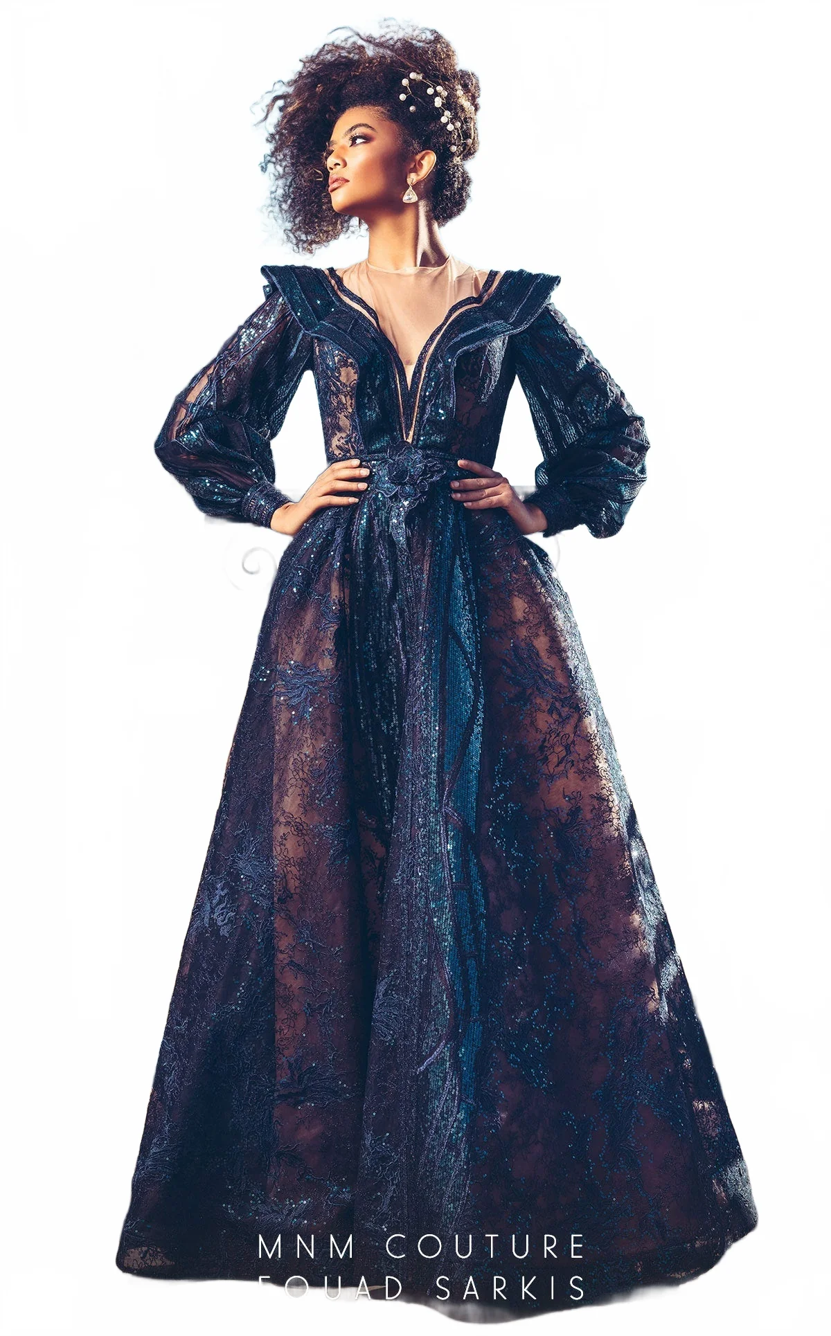 MNM Couture 2522 Navy Blue Sequin Ball Gown with Sheer Sleeves - Image 5