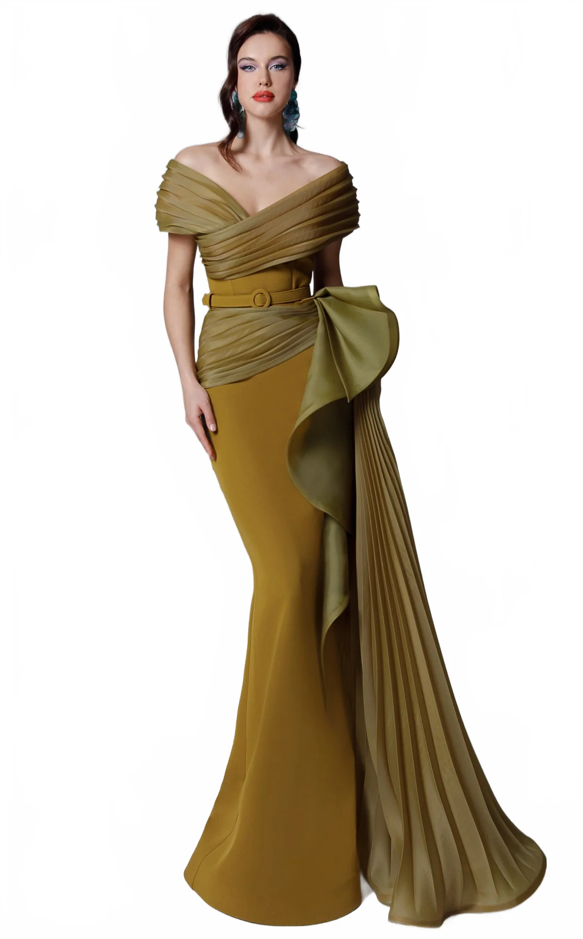 Off-Shoulder Evening Gown with Pleated Overskirt & Bow Detail Formal Dress by MNM Couture 2692 - Image 11