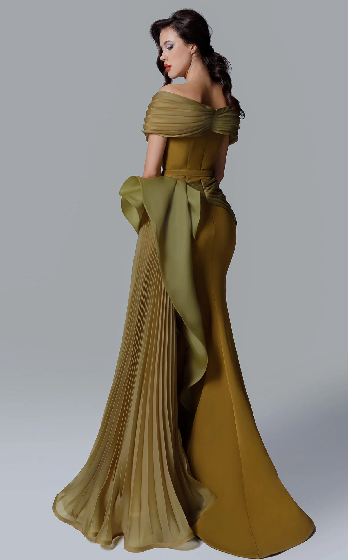 Off-Shoulder Evening Gown with Pleated Overskirt & Bow Detail Formal Dress by MNM Couture 2692 - Image 2