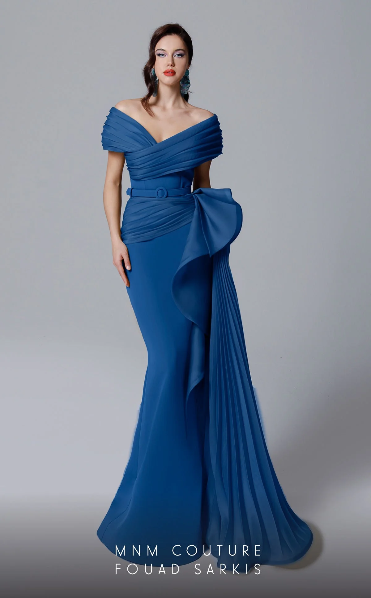 Off-Shoulder Evening Gown with Pleated Overskirt & Bow Detail Formal Dress by MNM Couture 2692 - Image 3