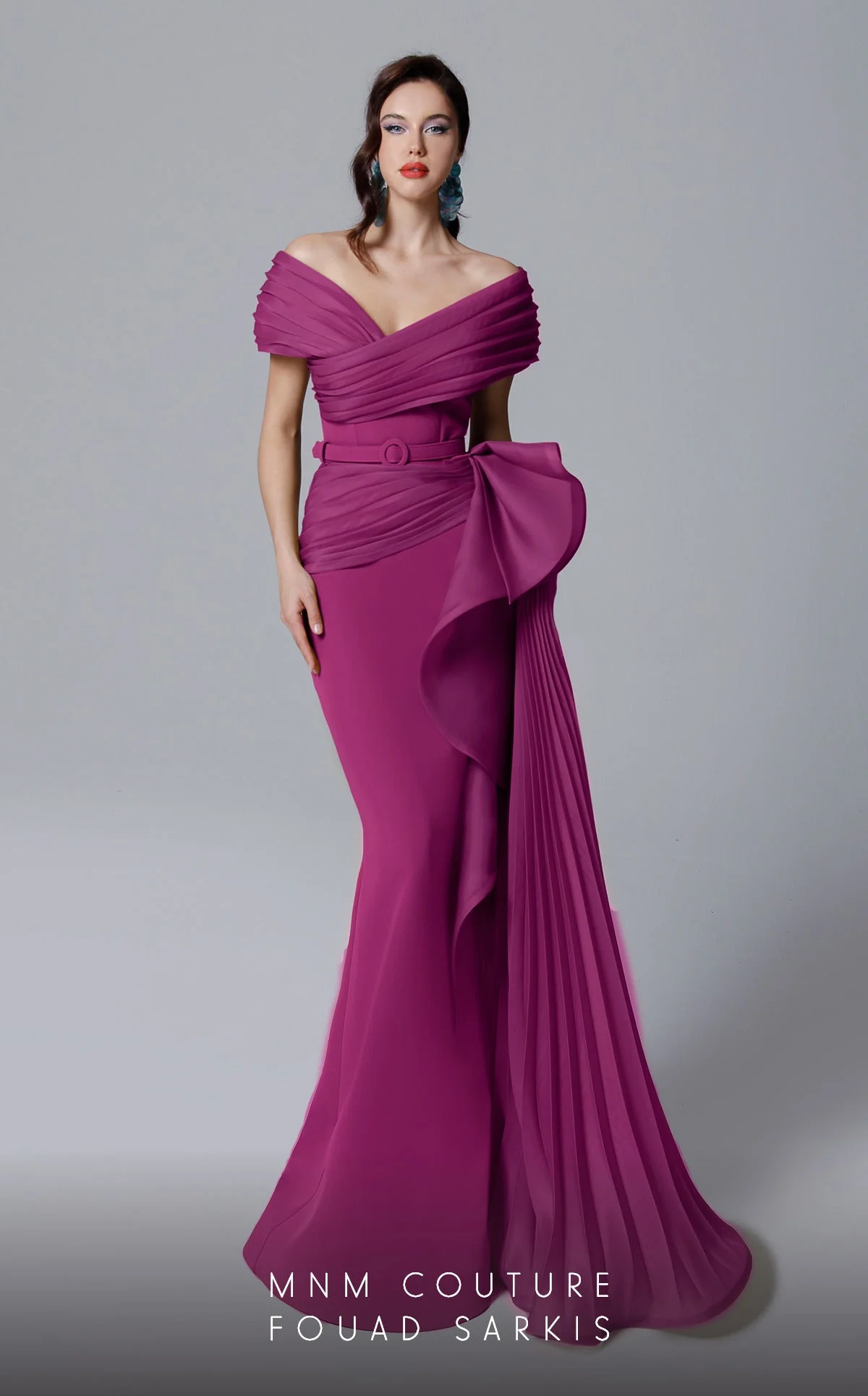 Off-Shoulder Evening Gown with Pleated Overskirt & Bow Detail Formal Dress by MNM Couture 2692 - Image 4