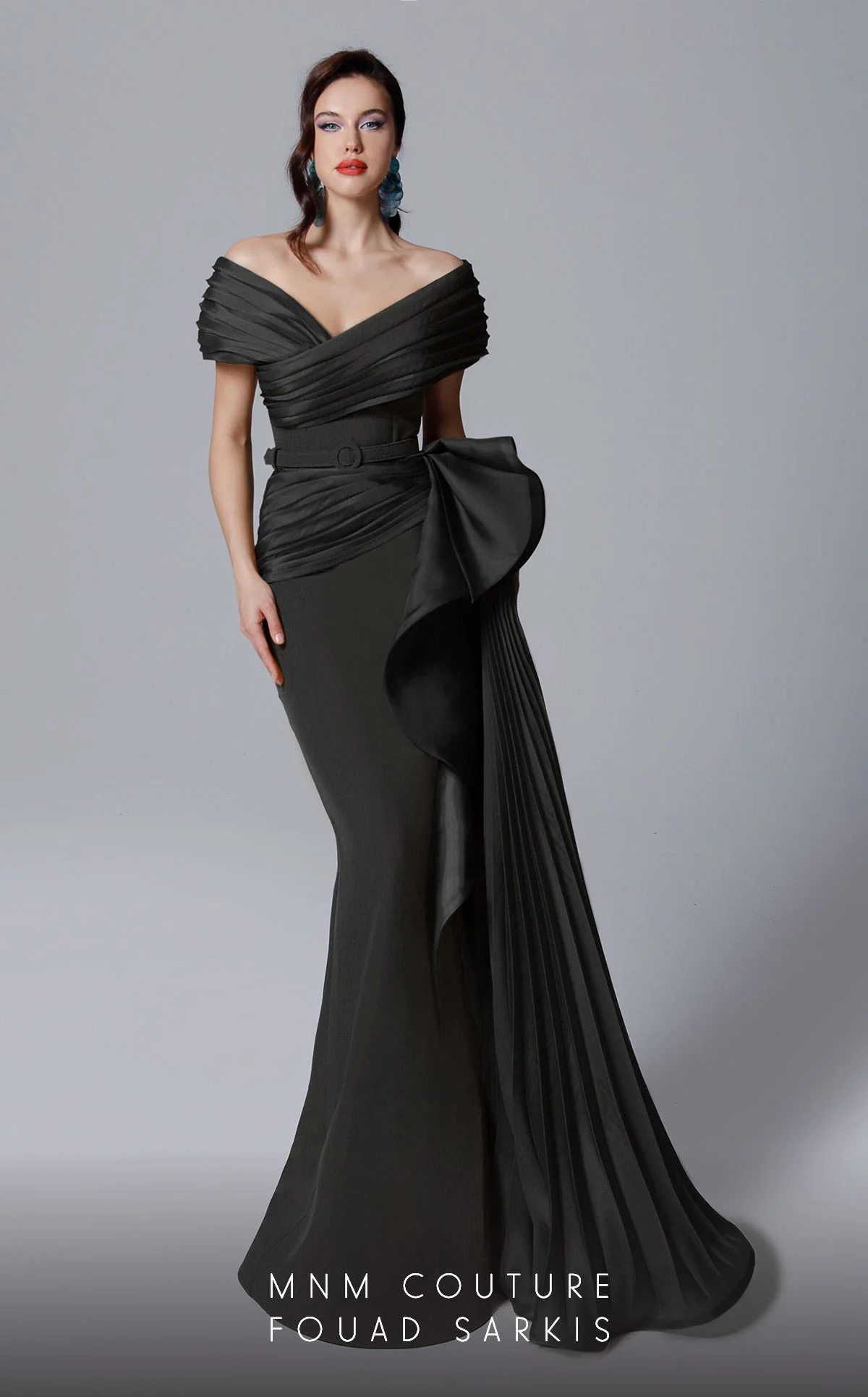 Off-Shoulder Evening Gown with Pleated Overskirt & Bow Detail Formal Dress by MNM Couture 2692 - Image 5