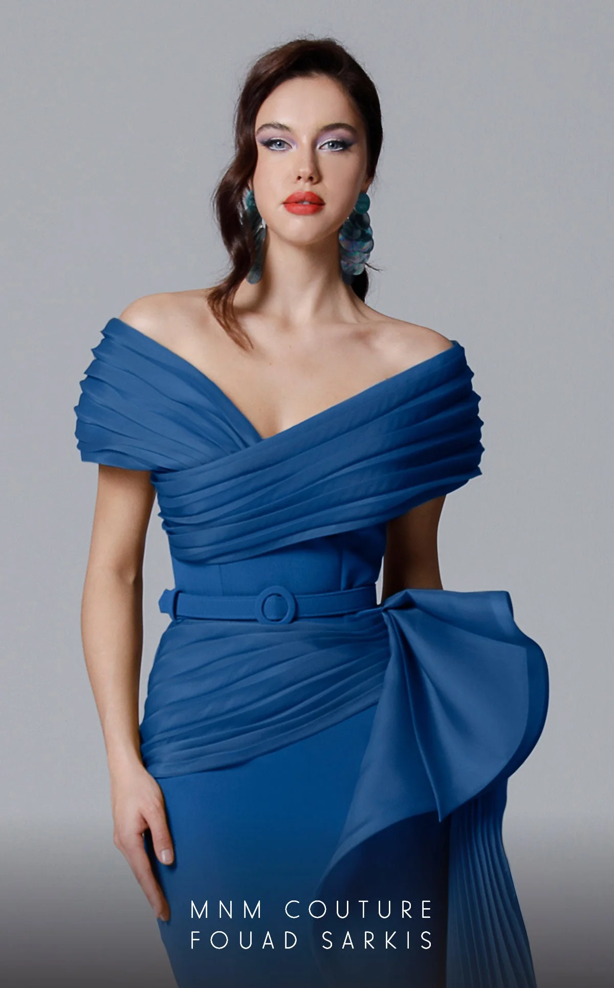 Off-Shoulder Evening Gown with Pleated Overskirt & Bow Detail Formal Dress by MNM Couture 2692 - Image 7