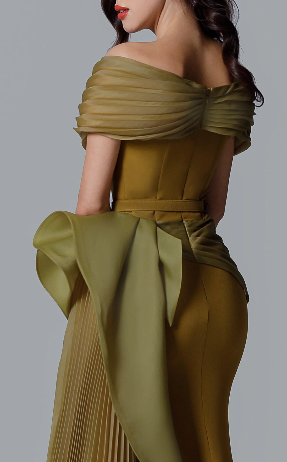 Off-Shoulder Evening Gown with Pleated Overskirt & Bow Detail Formal Dress by MNM Couture 2692 - Image 9